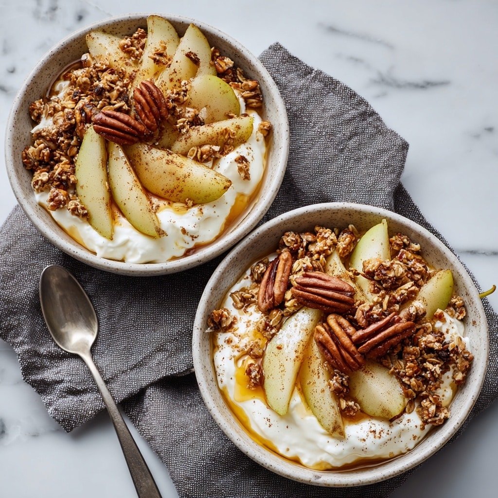 A white speckled bowl filled with one main thick layer of creamy white cottage cheese, topped with a second layer of golden brown granola scattered evenly. Over the granola, there are chunks of light yellow-green pear pieces in a loose circle, with a few whole pecans placed in the center. The whole topping is lightly drizzled with honey, showing amber glassy streaks, and dusted softly with brown cinnamon powder. The bowl rests on a gray knitted cloth over a white marbled surface. photo taken with an iphone --ar 4:5 --v 7