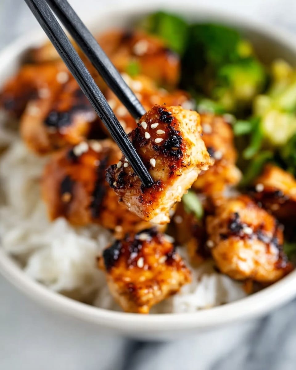 A close-up image showing a piece of grilled chicken held by black chopsticks above a bowl. The bowl is white and filled with a layer of white rice at the bottom, topped with pieces of grilled chicken that are golden brown with dark grill marks and sprinkled with white sesame seeds. There are some green vegetables, possibly broccoli, softly blurred in the background above the rice, adding a fresh touch. The image has a bright and sharp focus on the chicken piece held by the chopsticks. The background surface is a white marbled texture. photo taken with an iphone --ar 4:5 --v 7