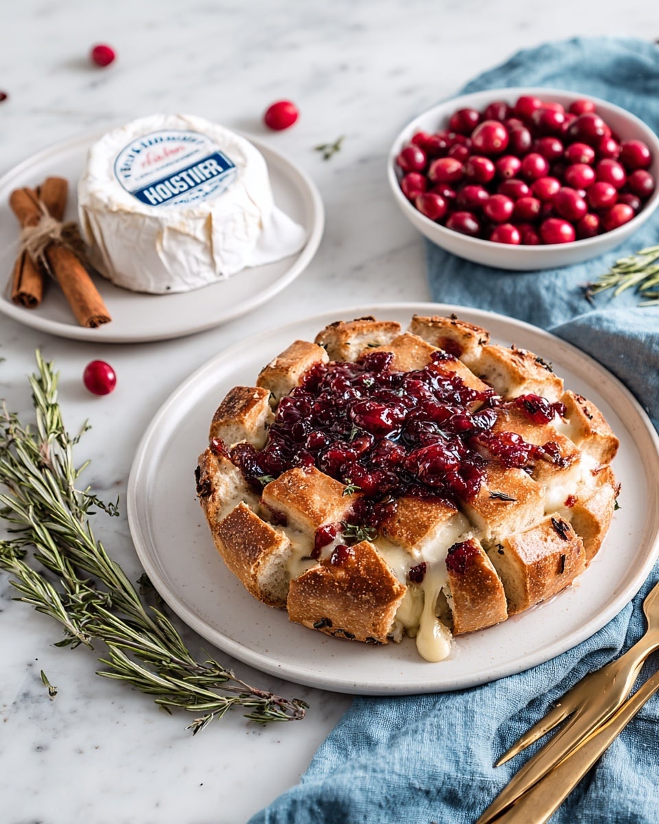A white round plate holds a ring of golden brown pull-apart bread pieces, each topped with melted white cheese and sprinkled with green herbs. The bread pieces are puffed and slightly browned on top, showing a soft and fluffy inside. In the center of the bread ring sits a small white bowl filled with a shiny, deep red chunky sauce or jam, likely cranberry. Around the plate, a white marbled surface holds a small plate stacked with square slices of pale yellow butter and a small white bowl filled with more red chunky sauce. A patterned cloth is partially visible on the bottom right. photo taken with an iphone --ar 4:5 --v 7