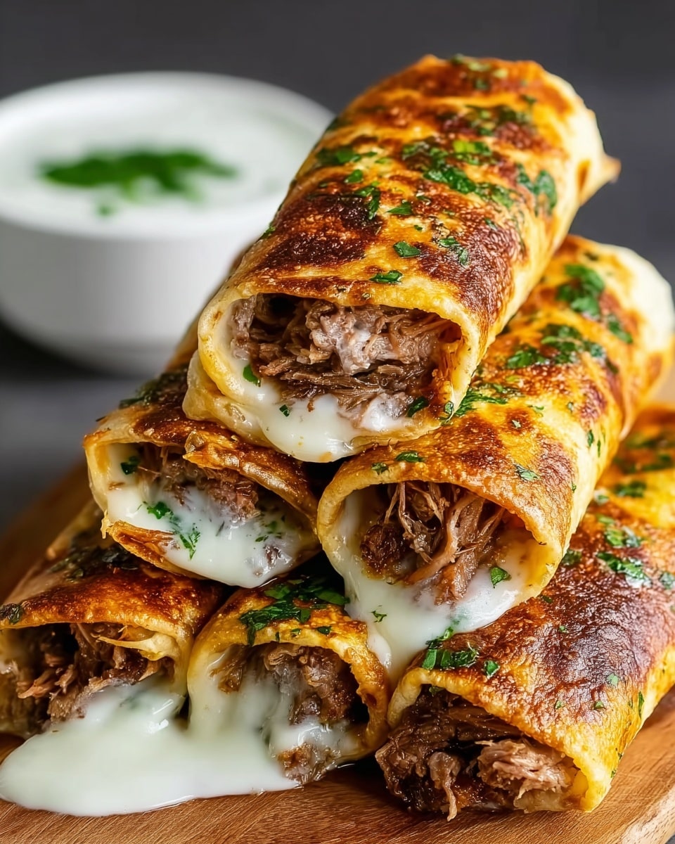 A close-up of five rolled tortillas stacked in a pyramid shape on a white marbled surface, each tortilla showing a golden-brown, slightly crispy exterior with green herbs sprinkled on top. Inside, there are two clear layers: melted white cheese that oozes out and tender, shredded brown meat filling visible near the open ends of the rolls. In the blurry background, a white bowl with green herb garnish holds a creamy white sauce. The overall look is warm and inviting. photo taken with an iphone --ar 4:5 --v 7