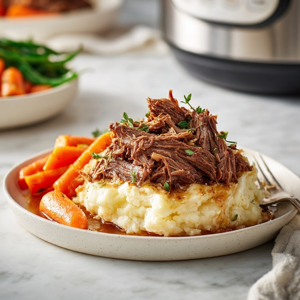 A close-up view of a black slow cooker filled with tender shredded beef sitting in a glossy brown broth, showing finely pulled chunks of meat with different shades of dark brown and some small pieces of fat mixed in. Two metal forks with wooden handles are positioned inside the cooker, pulling apart the soft meat, which looks moist and juicy. The interior of the cooker is shiny black, with small bits stuck around the rim, all set on a white marbled surface. Photo taken with an iphone --ar 4:5 --v 7