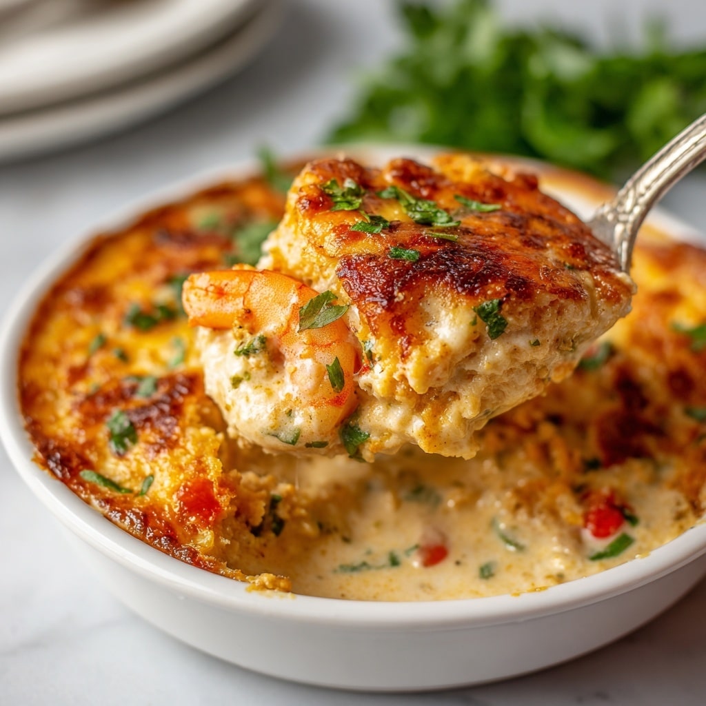 A white ramekin filled with a creamy, light beige stew containing visible pieces of shrimp and white onion slices, topped with a thick, golden-brown, crispy biscuit crust that is slightly uneven and crumbled on the edges, with some creamy stew spilling over the side onto a white marbled surface; a spoon is partially submerged in the stew, showing the soft texture inside, and green sprigs of herbs are scattered around the ramekin. photo taken with an iphone --ar 4:5 --v 7