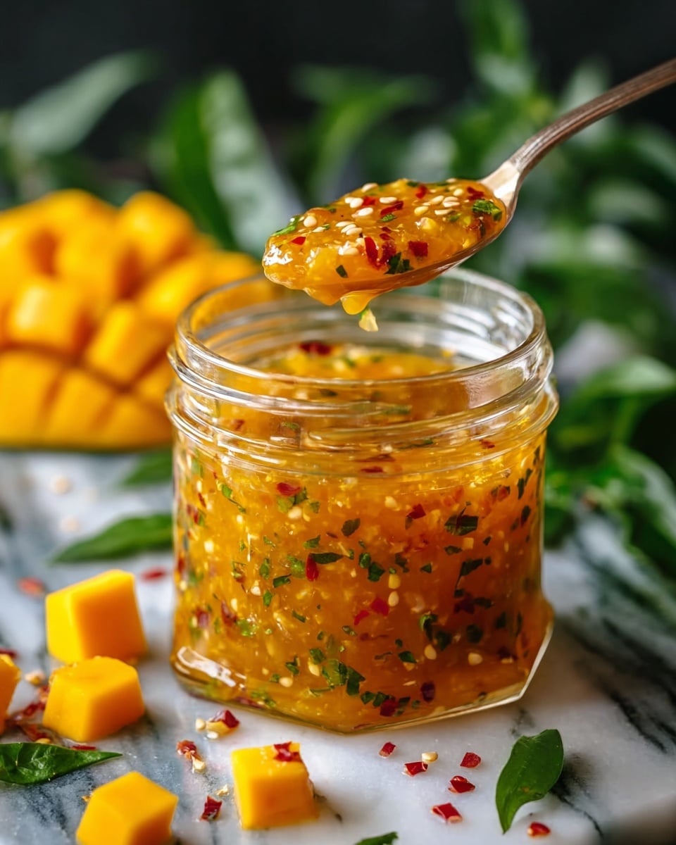 A clear glass jar is filled with a chunky, golden-orange sauce speckled with red chili flakes and green herbs, showing a thick, sticky texture. A spoon lifts some sauce from the jar, highlighting the glossy surface mixed with small bits of chili, herbs, and seeds. Around the jar, there are bright orange mango cubes and fresh green leaves scattered on a white marbled surface. The background is softly blurred with hints of green leaves and a cut mango. photo taken with an iphone --ar 4:5 --v 7