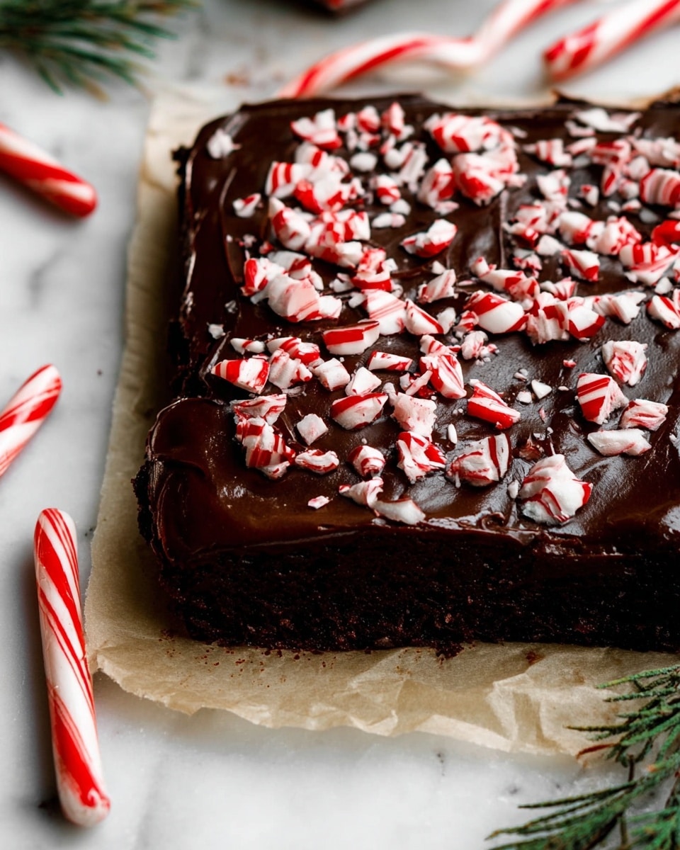The image shows sixteen square brownie pieces arranged on a light beige paper over a white marbled surface. Each brownie has a thick dark chocolate layer on top, shiny and smooth, sprinkled evenly with crushed red and white peppermint candy pieces. The brownies are dark brown and dense, with some whole chocolate chips visible inside the middle piece that is slightly pulled out from the group. Around the brownies, there are whole peppermint sticks and small candy crumbs scattered, adding a festive touch. Photo taken with an iphone --ar 4:5 --v 7