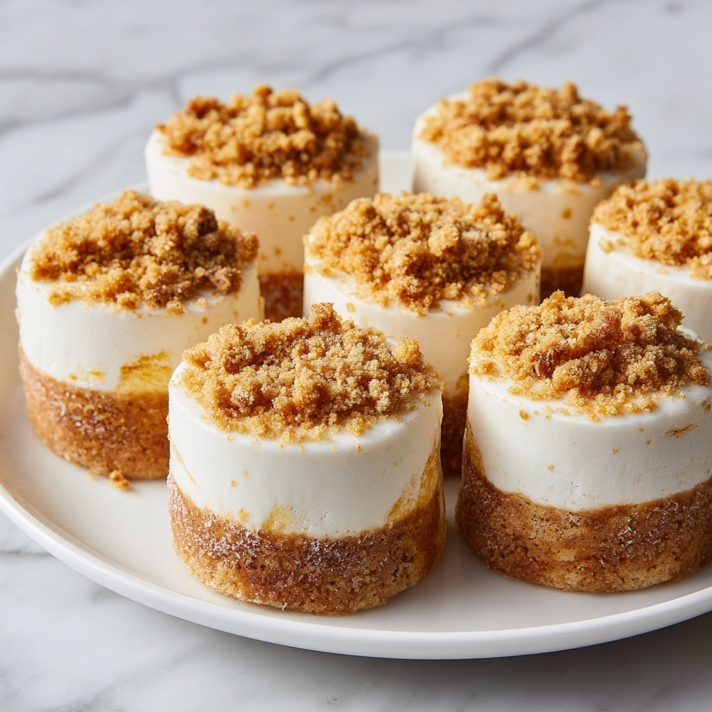 A white plate holds nine small round cakes with three clear layers: a light brown crumb base, a smooth white middle icing layer covering the top and sides, and a crumbly golden brown topping piled on the upper center. The cakes are placed close together, with one cake at the front showing a bite taken out, revealing a soft, creamy white interior beneath the white icing. The background has a white marbled texture. photo taken with an iphone --ar 4:5 --v 7