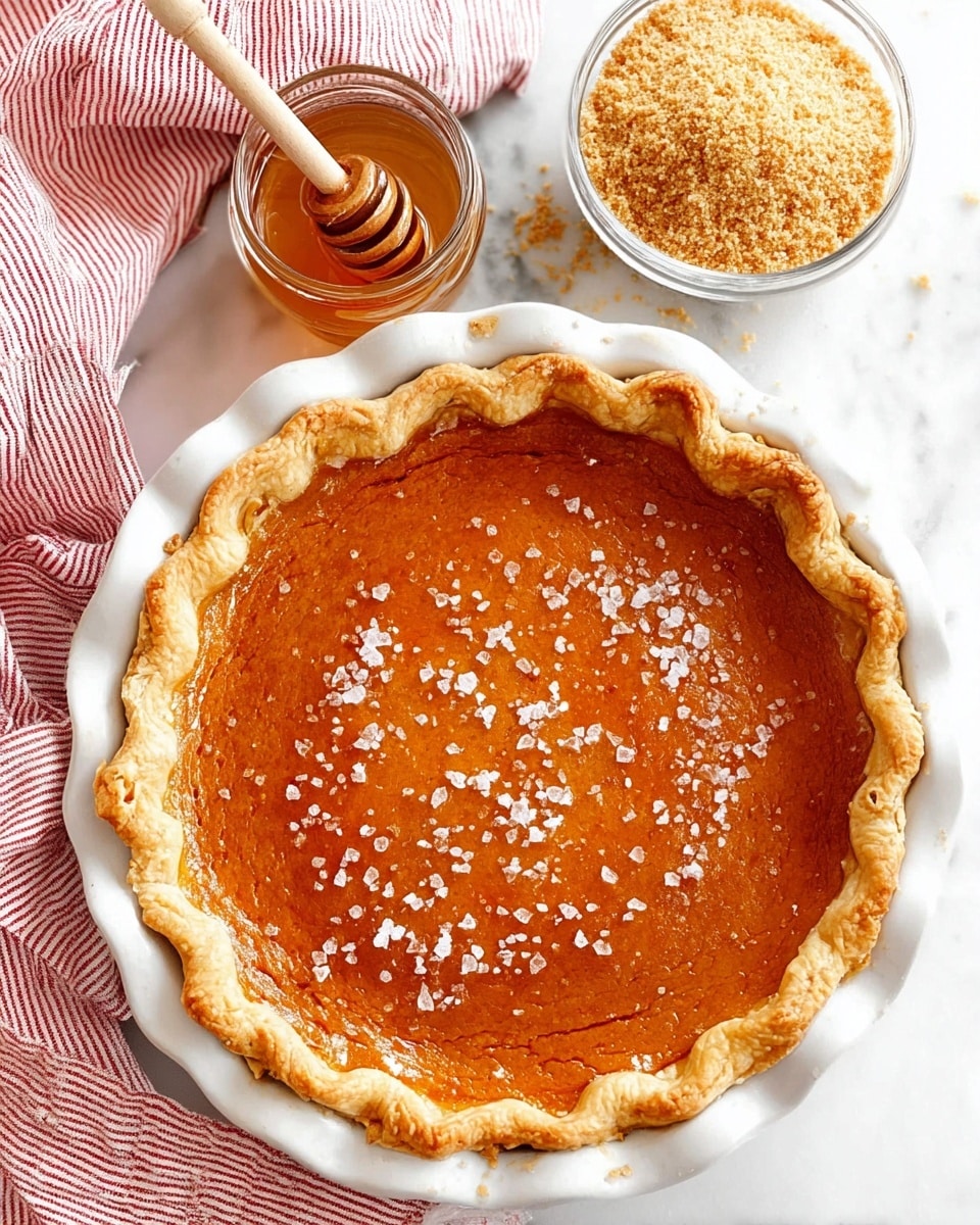 A golden brown pie with a crimped edge sits in a white ceramic pie dish on a white marbled surface. The pie's top layer is smooth and shiny with a rich amber color, sprinkled with flakes of white sea salt. Above the pie, there is a small glass bowl filled with light brown, crumbly sugar, and next to it, a small jar of honey with a wooden honey dipper resting inside. A red and white striped cloth partially covers the background. Photo taken with an iphone --ar 4:5 --v 7