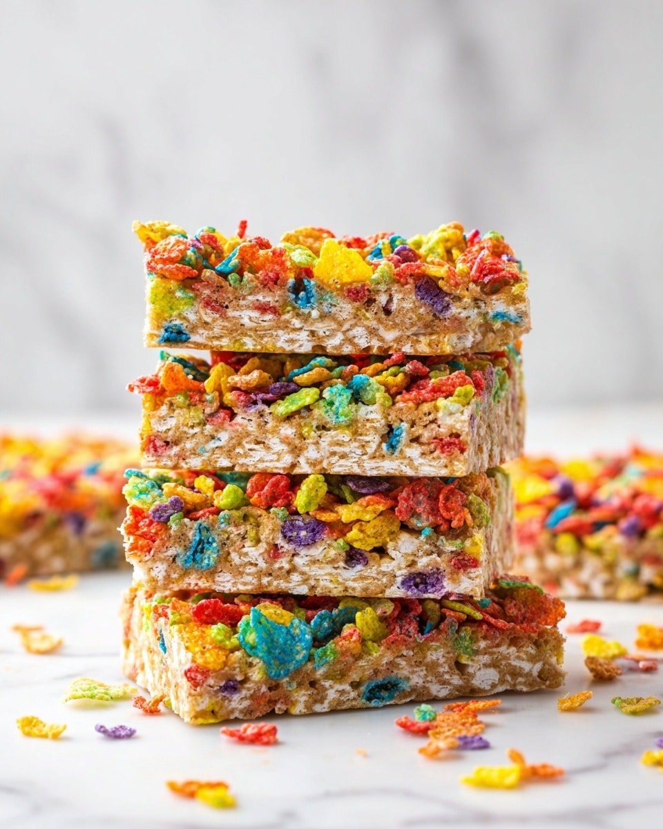 A close-up image of a stack of four crunchy snack bars on a white marbled surface, each bar having two main layers: a light brown, crumbly base mixed with small colorful bits inside, and a top layer covered in bright, multicolored cereal flakes in red, yellow, green, blue, purple, and orange. The bars are unevenly stacked, showing the rough texture inside and flat top with scattered cereal pieces around. The background is a soft white marbled texture that blends with the surface. photo taken with an iphone --ar 4:5 --v 7