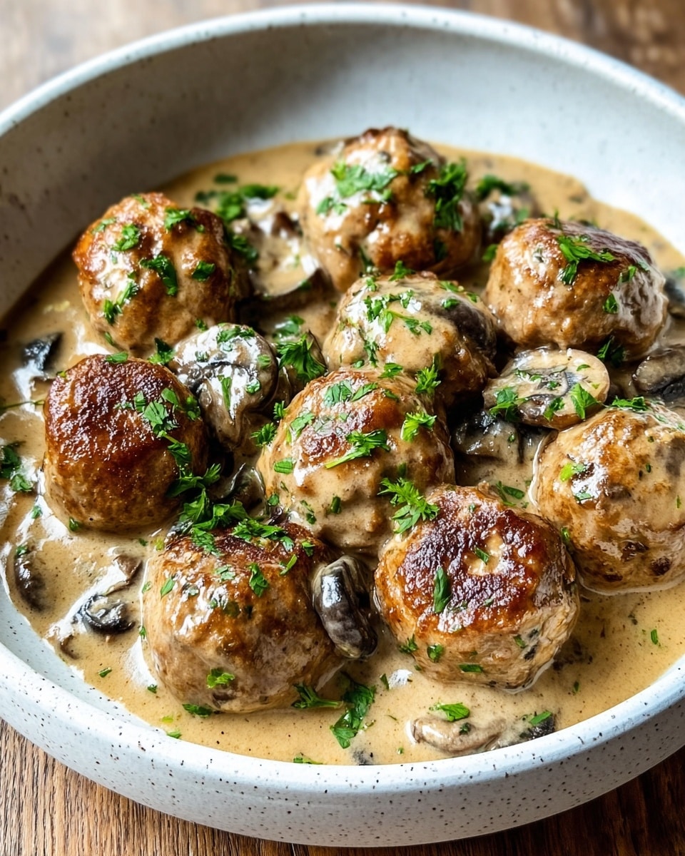 A black pan filled with about twenty small, browned meatballs covered in a light beige creamy sauce with visible mushroom slices. The meatballs are round, unevenly browned with some darker char marks, and sprinkled with finely chopped green herbs. A wooden spoon is lifting three meatballs from the pan, showing their textured surface. The pan is placed on a white marbled surface with a beige and white striped cloth nearby. photo taken with an iphone --ar 4:5 --v 7