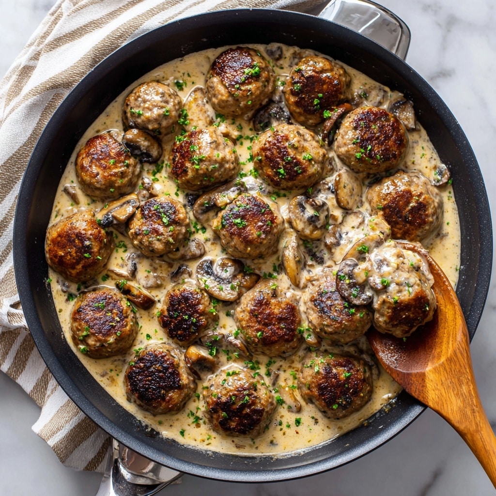 In a white speckled bowl, there are about ten golden-brown meatballs with a slightly shiny texture, covered in a creamy light brown sauce mixed with medium-sized pieces of dark brown mushrooms. Bright green chopped herbs are sprinkled on top, adding a fresh and colorful touch. The sauce looks thick and smooth, surrounding the meatballs and mushrooms closely, pooling gently at the bottom of the bowl. The bowl sits on a white marbled surface, with natural light highlighting the glossy details of the sauce and the browned crust on the meatballs. Photo taken with an iphone --ar 4:5 --v 7
