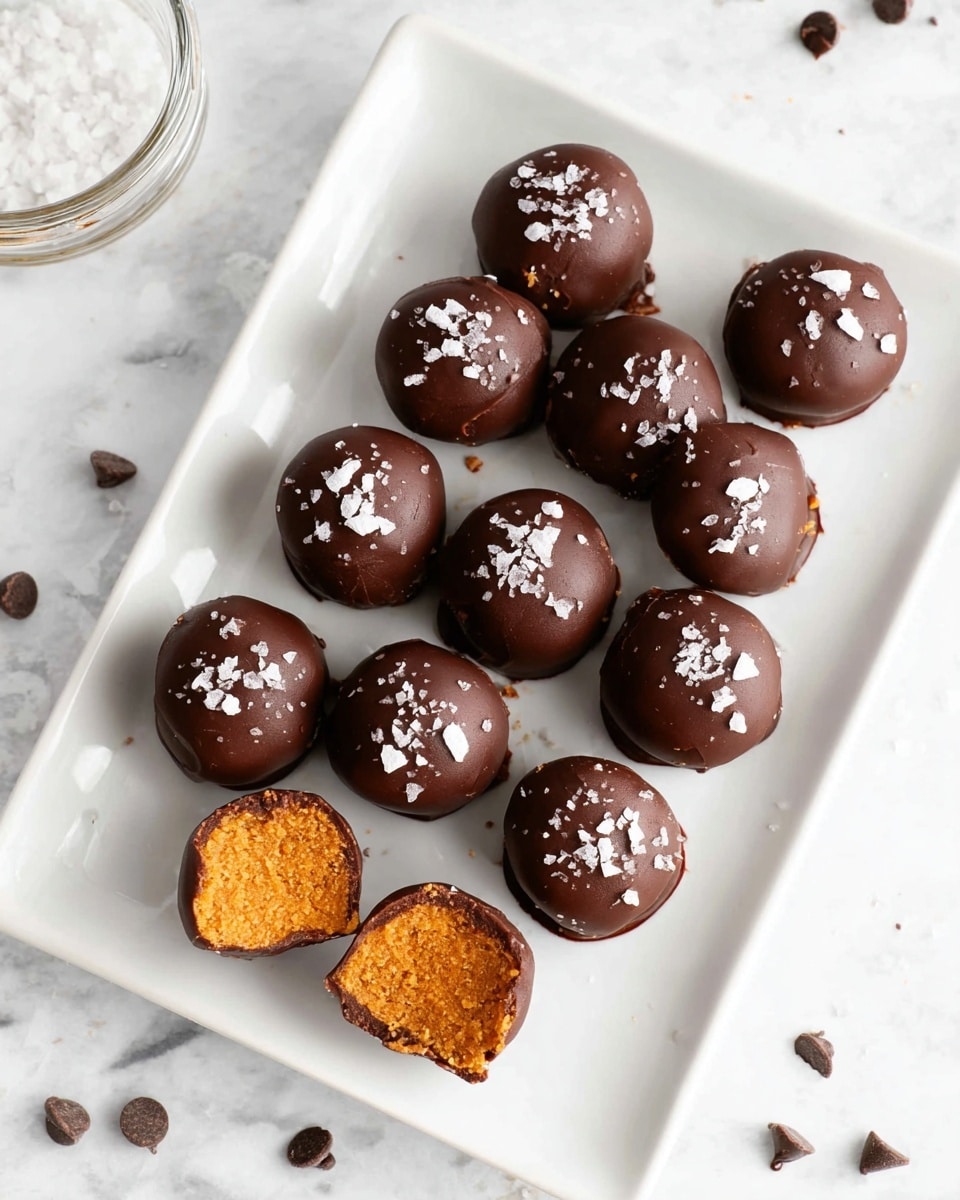 Three round chocolate-coated balls sit on a white plate with a slightly raised edge; the middle ball is cut in half to show a dense, crumbly, orange-brown inside. The chocolate outside is smooth and dark, with a small sprinkle of flaky sea salt and tiny chocolate pieces on top, creating a rough texture. The background is softly blurred, showing more similar chocolate balls on a white plate against a white marbled surface. The lighting is bright and natural, highlighting the details of the texture and colors. Photo taken with an iphone --ar 4:5 --v 7