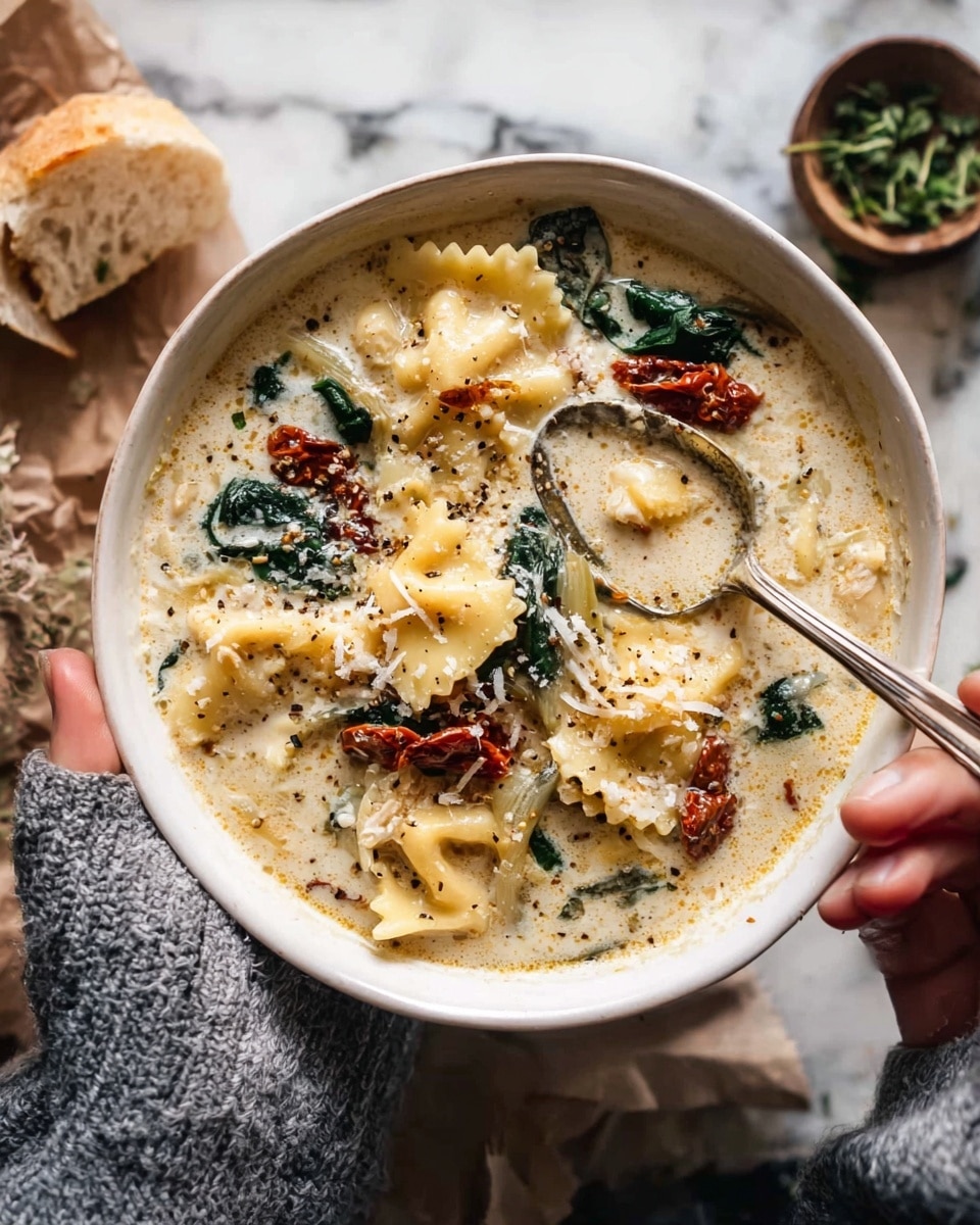 A white bowl filled with creamy soup topped with several wavy-edged pasta pieces that are yellow and soft in texture. Scattered on top are dark green wilted spinach leaves and small portions of reddish-brown sun-dried tomatoes, adding a pop of color. The soup itself is light beige with visible black pepper flakes and shreds of white cheese on the surface. A silver spoon scoops some of the soup, showing the smooth and thick texture, while a woman's hand holds the bowl from the bottom against a cozy gray sleeve. The bowl sits on a white marbled background with a small bread piece and a small round container holding fresh green herbs nearby. Photo taken with an iphone --ar 4:5 --v 7