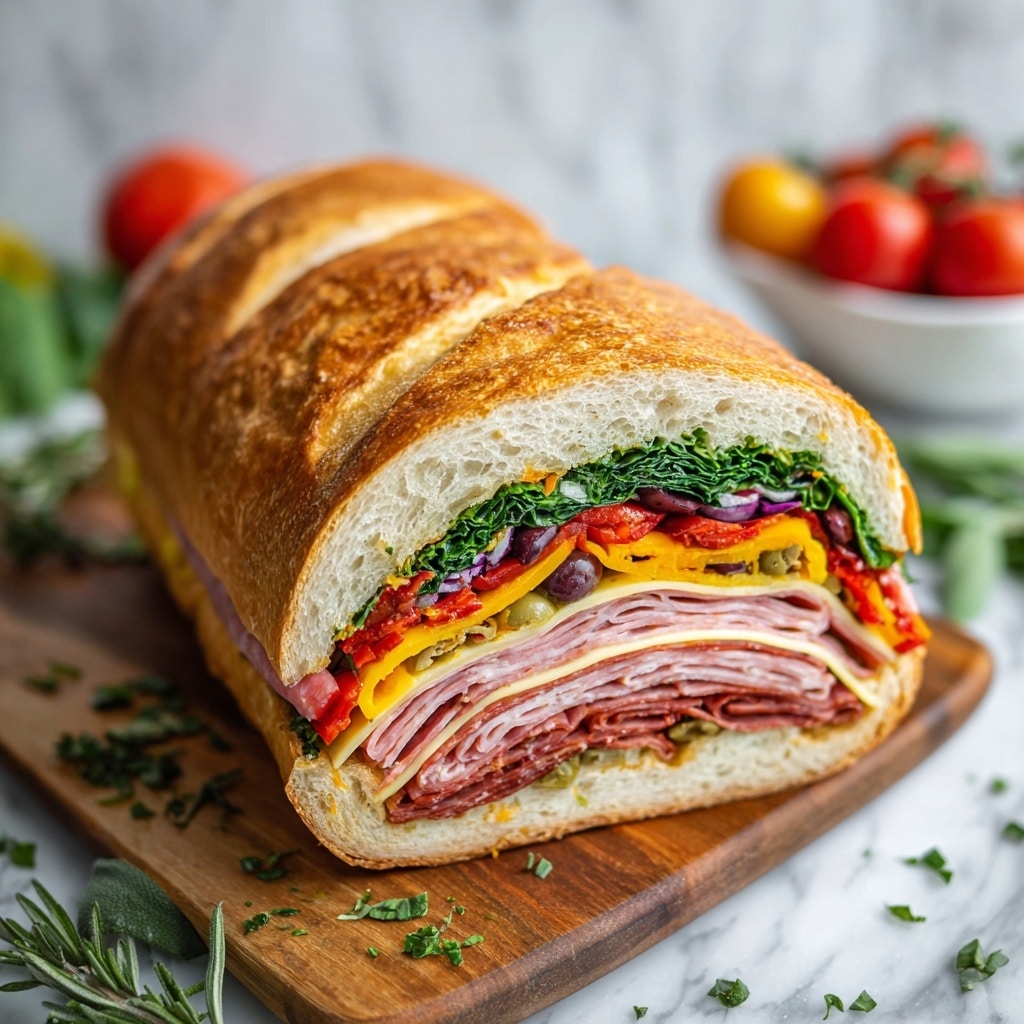 The image shows a thick sandwich roll sliced open to reveal many colorful layers inside. Starting from the outermost edge, there is a golden-brown crust that looks crisp and shiny. Inside, a layer of dark green leafy vegetables is visible on top. Below that, several layers alternate: thin slices of red and orange roasted peppers, bright yellow cheese, thin slices of pink ham, and dark reddish slices of salami or pepperoni. There are small pieces of green olives and herbs scattered throughout the layers, adding texture and a fresh look. The sandwich sits on a wooden surface with some green herbs scattered around, and in the blurry background, a white bowl holding red tomatoes can be seen. The whole scene is set against a white marbled texture. Photo taken with an iphone --ar 4:5 --v 7