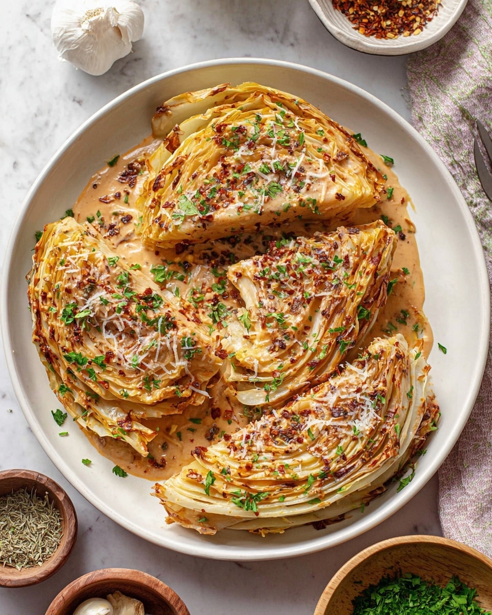 The dish shows three large wedge-shaped pieces of cooked cabbage arranged on a shallow white plate, each piece having multiple layers visible with a creamy sauce covering and soaking the leaves. The cabbage layers are browned and slightly crispy at the edges, with a soft texture inside. The creamy sauce is light brown with small bits of herbs, finely chopped onions, and red chili flakes, giving some color contrast. Grated cheese is sprinkled on top in small amounts, melting partly into the sauce. Fresh parsley leaves are scattered over as a fresh green garnish. The plate sits on a white marbled surface, with small bowls holding dried herbs and garlic cloves nearby, creating a rustic kitchen scene. Photo taken with an iphone --ar 4:5 --v 7
