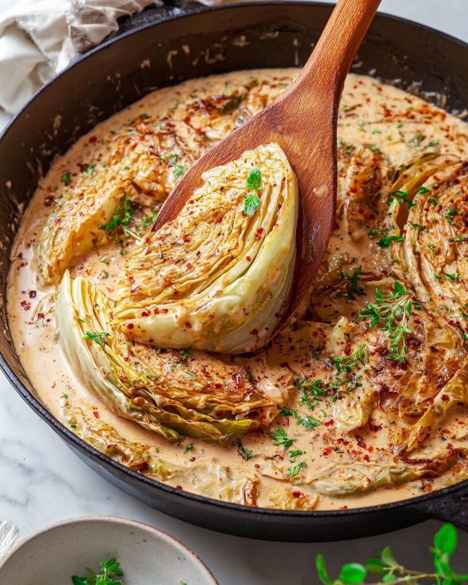 The image shows a close-up of a cast iron pan containing grilled cabbage wedges in a creamy sauce. The cabbage is cut into thick wedges with visible layers that range from light green and pale yellow to golden brown from grilling. The sauce surrounding the cabbage is light tan and creamy, speckled with herbs, grated cheese, and red pepper flakes. A wooden spatula holds one of the cabbage wedges above the pan, showing the tender, slightly caramelized inside leaves. Small pieces of fresh green herbs are sprinkled on top, adding color contrast. The pan is placed on a white marbled surface with a few small white dishes and some green leaves visible at the edges. photo taken with an iphone --ar 4:5 --v 7