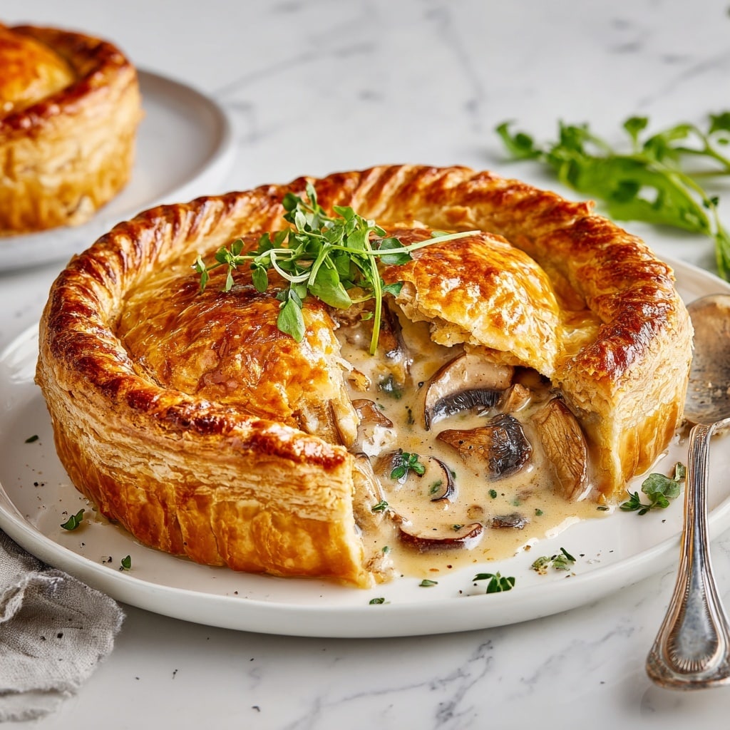 The image shows a round pie with a golden-brown, flaky crust broken open to reveal a creamy mushroom filling inside. The crust is thick, with crimped edges and a shiny, slightly crispy top. Inside, the filling has a light beige color with visible slices of soft, cooked mushrooms mixed in a smooth, creamy sauce. The pie is placed on a white plate set on a white marbled surface, with a sprig of fresh green herbs on top of the pie for decoration. Nearby, a spoon with a silver handle rests on the surface, and part of another pie is visible in the corner. Photo taken with an iphone --ar 4:5 --v 7