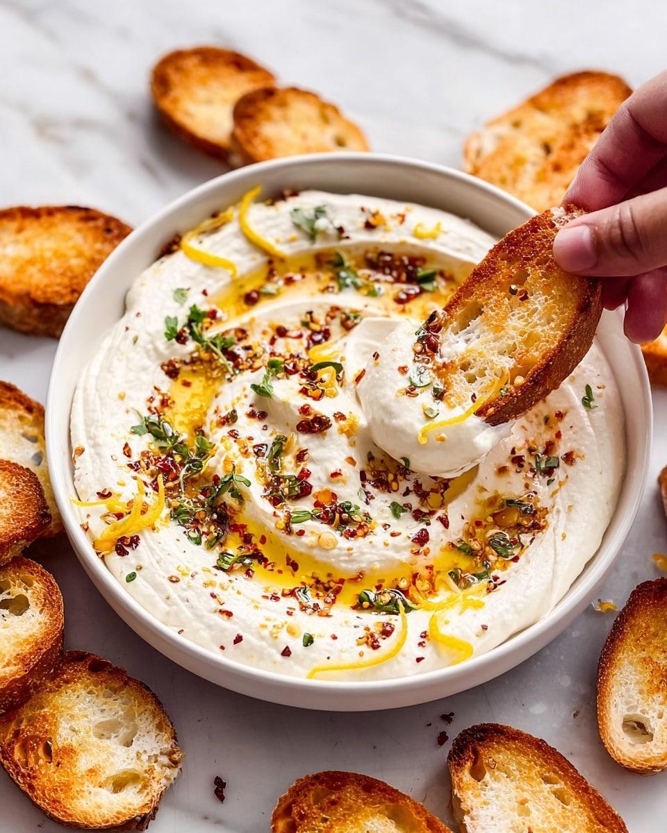 This image shows a white bowl filled with a thick, creamy white dip evenly spread inside it. On top, there is a drizzle of golden honey mixed with red chili flakes and sprinkled with small green herb leaves and tiny yellow lemon zest pieces. Around the bowl, there are several golden brown, crispy toasted bread slices placed on a white marbled surface. A woman's hand is holding one toasted bread slice and dipping it into the creamy mixture, lifting it slightly with some dip on it. Photo taken with an iphone --ar 4:5 --v 7