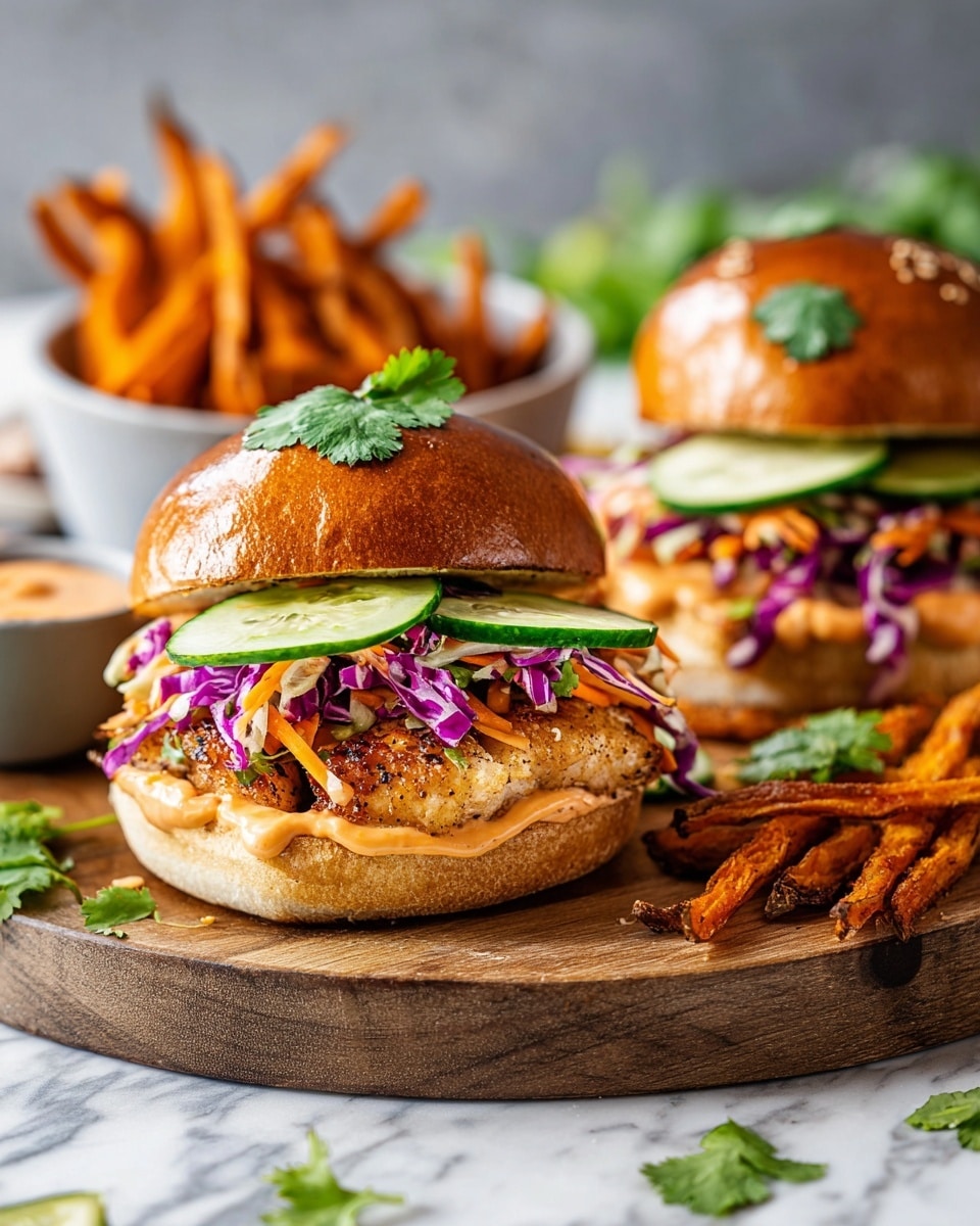 The image shows a wooden board with white parchment paper holding three small open burgers and two grilled burger buns. Two burgers have a bottom bun topped with a patty, slices of cucumber, green leaves, and a mix of shredded purple cabbage and orange carrot on top. The third burger has a patty with green leaves and layered thin cucumber ribbons on top but no top bun. On the left side of the board are three lime halves and some scattered green leaves, with a knife placed nearby. A small white bowl with orange sauce and a wooden spoon rests above the burgers. A white bowl holding more shredded purple cabbage and carrot salad is partially visible in the top left corner. The whole setup is on a white marbled surface with a light gray cloth nearby. photo taken with an iphone --ar 4:5 --v 7