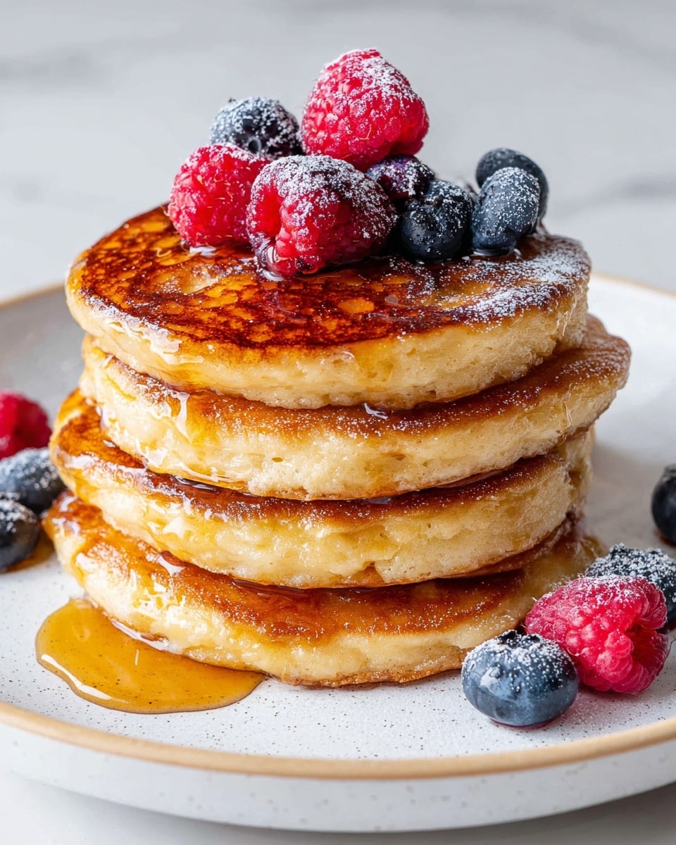 A stack of six golden-brown pancakes sits centered on a white plate, each pancake thick and fluffy with lightly browned edges, topped with a small square of melting butter. Three vertical pancake slices are held up on a fork in front, showing their soft, airy texture inside. To the left on the plate are small clusters of fresh blueberries and halved strawberries, while a single whole strawberry rests to the right. Scattered around the plate on a white marbled surface are a few more blueberries and strawberry halves. In the background, there is a white plate with more pancakes and a glass syrup jar partially visible. photo taken with an iphone --ar 4:5 --v 7