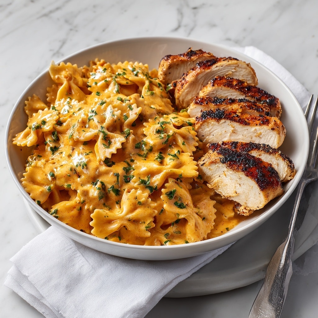 A round white plate holds a bowl filled with farfalle pasta covered in a creamy orange sauce, with specks of green herbs sprinkled on top. On one side of the pasta, there are several slices of grilled chicken breast, showing a light brown cooked surface with slight grill marks. A white napkin is placed under the bowl, with a fork resting on the right side of the plate. The background is a white marbled texture. Photo taken with an iphone --ar 4:5 --v 7