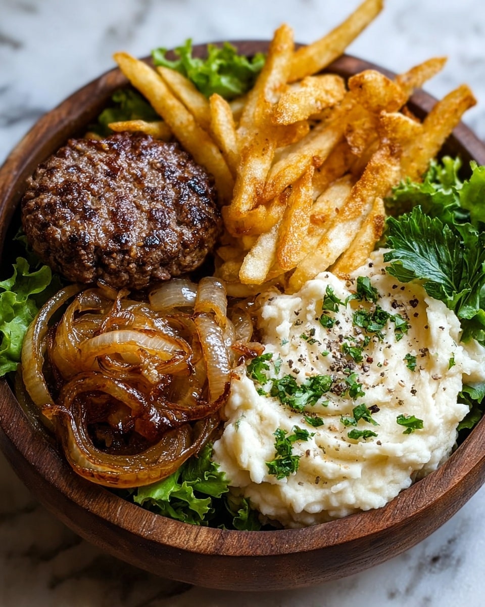 A white bowl on a white marbled surface holds a colorful meal with several layers. In one section, there are golden brown fries, topped with a creamy white sauce with black pepper sprinkled on it. Next to the fries are two dark brown, grilled meat patties with a rough texture. The side of the bowl has fresh vegetables: bright red tomato slices, some green lettuce leaves, sliced yellow and red cherry tomatoes, and green avocado pieces. Photo taken with an iphone --ar 4:5 --v 7