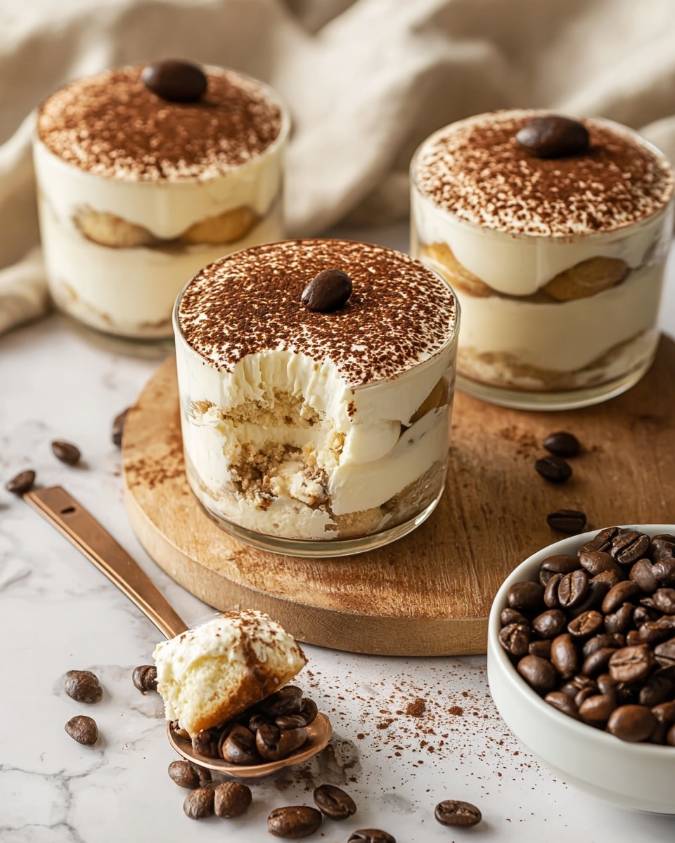 The image shows a creamy dessert served in short clear glass cups with three layers: the bottom layer is light brown soaked biscuit, the middle is thick white cream with bits of biscuit visible, and the top is dusted with fine cocoa powder giving a soft brown color, each cup topped with a single coffee bean. One dessert cup at the center has a scoop taken out, showing the soft texture of the cream and biscuit inside. The cups sit on a round light wooden board, surrounded by scattered whole coffee beans and a bronze-colored spoon holding a scoop of the dessert in front. In the foreground, a white bowl filled with dark roasted coffee beans is partially visible. The setting rests on a white marbled surface with a neutral beige cloth in the background. photo taken with an iphone --ar 4:5 --v 7