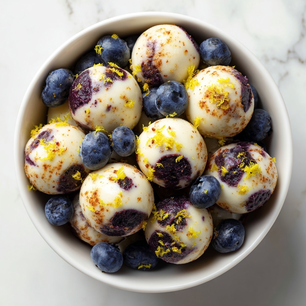 A bowl filled with round dessert balls that have a creamy white base mixed with dark purple blueberry spots, with a slightly browned surface showing a crispy texture in places. The balls are piled on top of each other inside a white bowl, with small whole blueberries scattered among them. Bright yellow zest is sprinkled over the dessert balls, adding a pop of color and texture to the creamy and slightly glossy surface. The background shows a white marbled texture. photo taken with an iphone --ar 4:5 --v 7