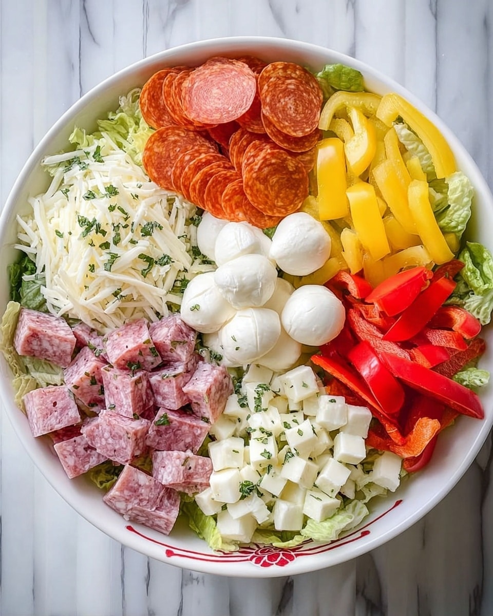 A round bowl is filled with neatly arranged layers of food on a white marbled surface. The base is a bed of green lettuce leaves. Around the bowl, there are sections of different ingredients: thin red strips of bell pepper on the right, bright yellow pepper slices next to three small white mozzarella balls, diced white cheese cubes and shredded cheese in the center, thin white onion slices on the left, chopped light pink salami pieces at the bottom, and folded orange-pepperoni slices on the top left. Each section is sprinkled with small green dried herbs, adding texture and color contrast. The bowl is white with some red decorations visible near the edges. Photo taken with an iphone --ar 4:5 --v 7