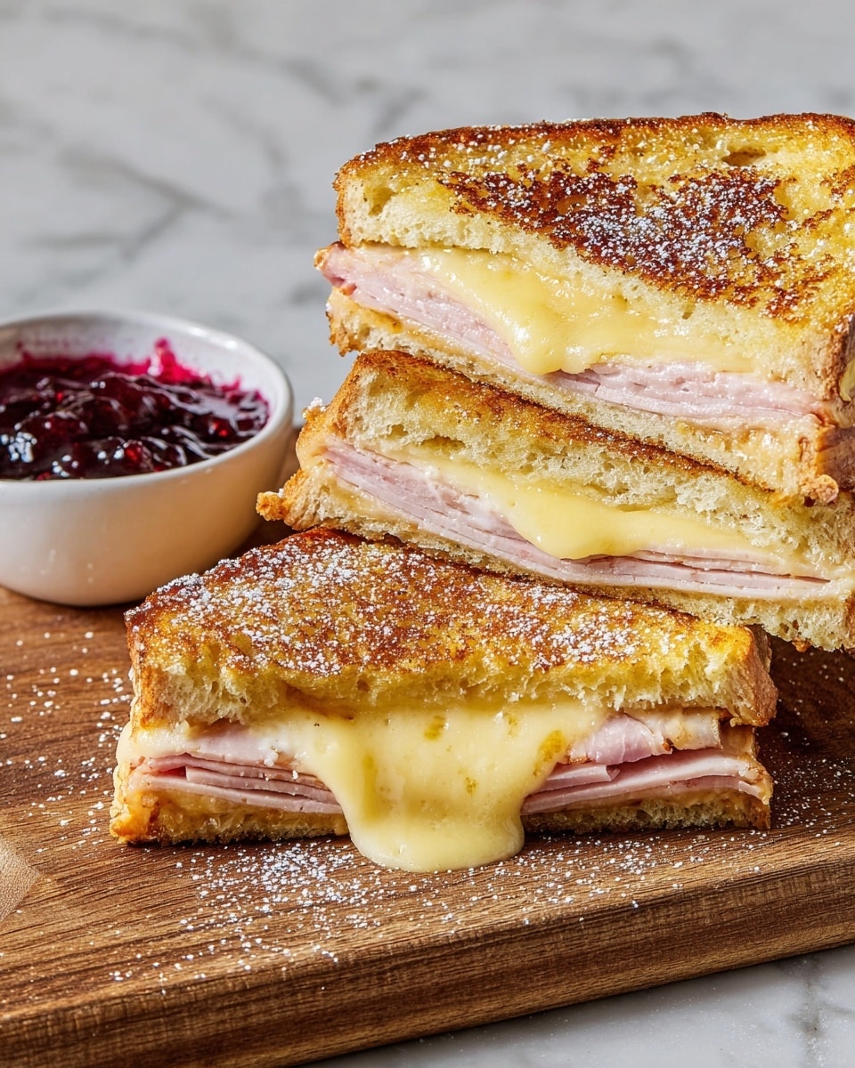 A white rectangular baking dish holds several thick layers of golden-brown French toast cups, each dusted with a light layer of powdered sugar on top. One piece is being lifted with a wooden spatula showing three clear layers: the top and bottom are crisp, golden-brown bread, with melted cheese and thin slices of ham in the middle layer. The edges of the toast cups are slightly darker and crispier, while the inside looks soft and gooey. The scene is set on a white marbled surface with a blurred green garden background. photo taken with an iphone --ar 4:5 --v 7