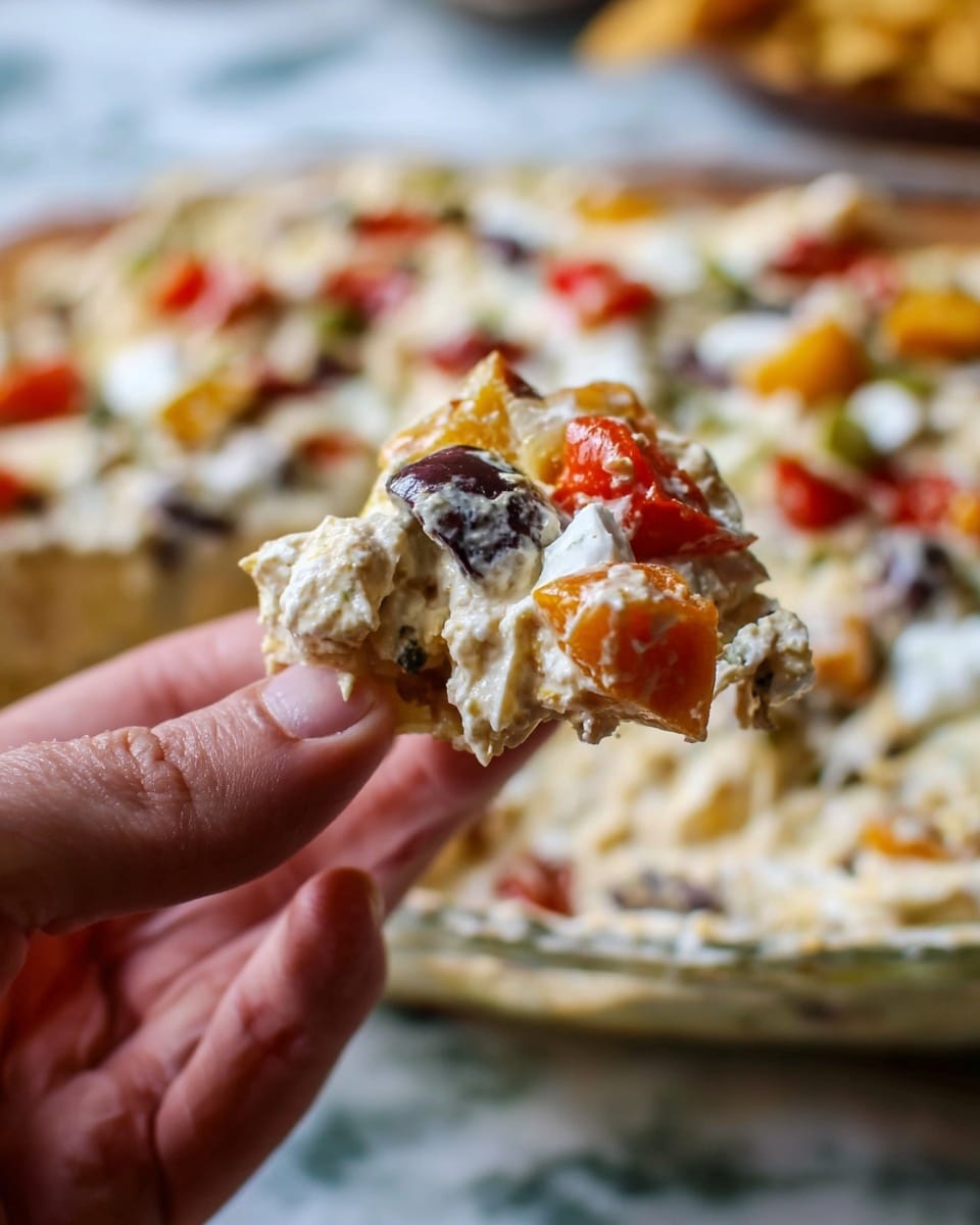 A close-up image shows a woman's hand holding a small piece of a creamy, layered dip. The dip has visible layers including an outer spread of white creamy sauce, chunks of orange roasted vegetables, red roasted peppers, and black olives. The background shows a larger dish of the same dip with similar chunky textures and mixed colors spread unevenly on the surface. The scene is set on a white marbled texture. photo taken with an iphone --ar 4:5 --v 7