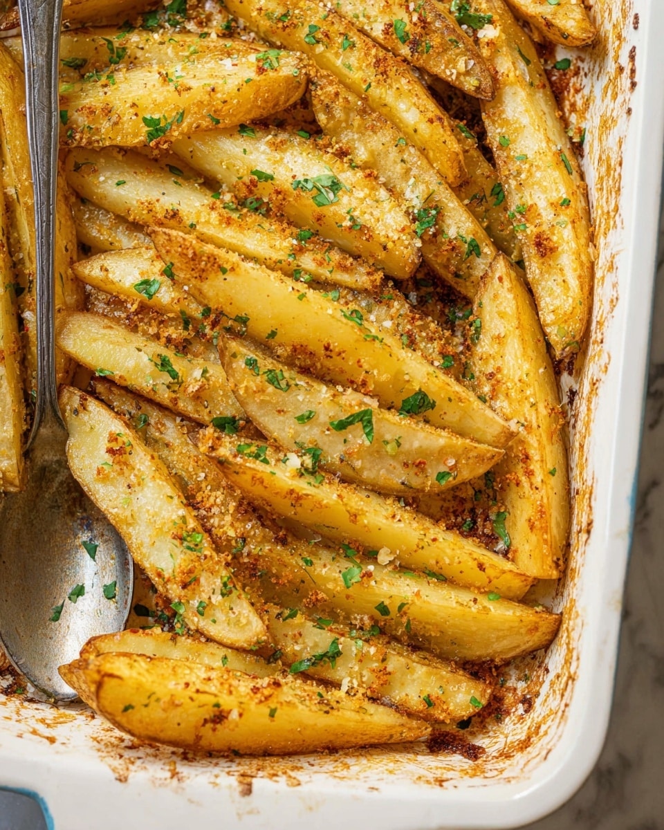 The image shows a white baking dish filled with golden brown potato wedges arranged in two thick layers. The wedges have a crispy, textured outer skin with a slightly rough surface, and are sprinkled with finely chopped green herbs, adding small bright green spots all over. A metal spoon rests partially under a few wedges in the bottom left corner of the dish. The edges of the baking dish have some baked-on brown spots, giving a rustic touch. The dish is placed on a white marbled surface. photo taken with an iphone --ar 4:5 --v 7