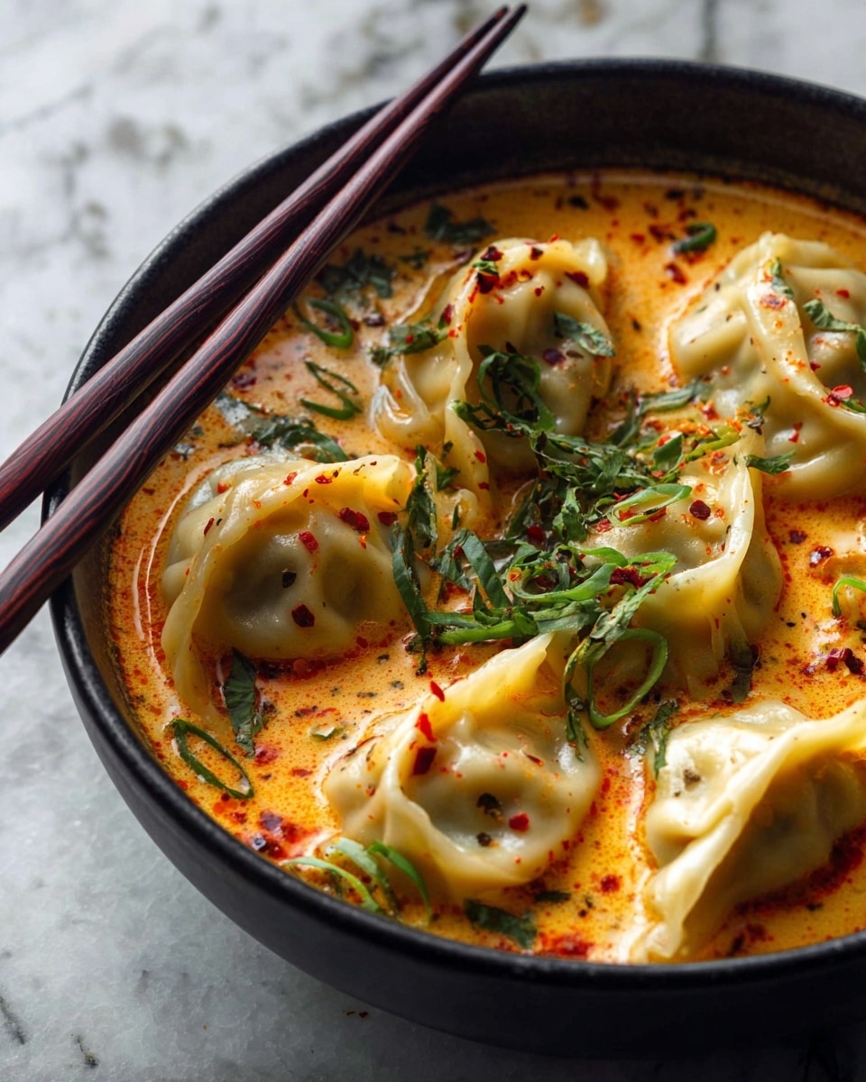 A black bowl filled with six plump dumplings covered in a creamy orange broth with red chili flakes and green sliced herbs scattered on top; the dumplings have a smooth, slightly translucent texture with visible filling inside and are arranged in a circular pattern in the broth; two brown chopsticks rest on the edge of the bowl; the background is a white marbled texture. photo taken with an iphone --ar 4:5 --v 7