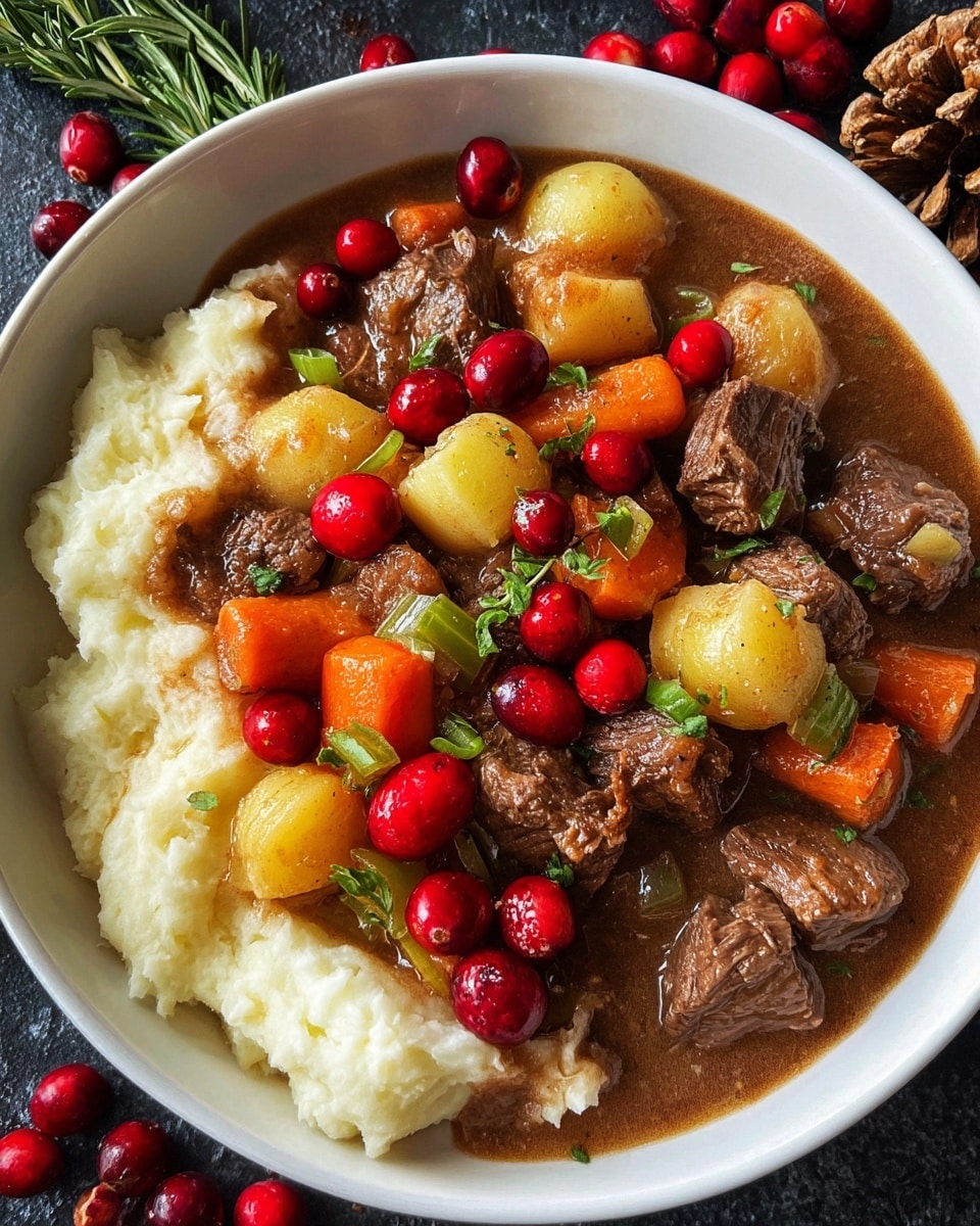 A white bowl filled with a rich, brown stew showing several layers of ingredients: large chunks of tender brown beef, round orange carrot slices, yellow potato pieces, and bright red whole cranberries, all mixed in a thick, textured broth. Small bits of chopped green herbs are sprinkled on top, adding a fresh look. A silver spoon rests inside the bowl, lifting a mix of beef, carrots, and cranberries. The bowl sits on a white marbled surface with a beige cloth partially visible in the background and a few cranberries scattered around. Photo taken with an iphone --ar 4:5 --v 7