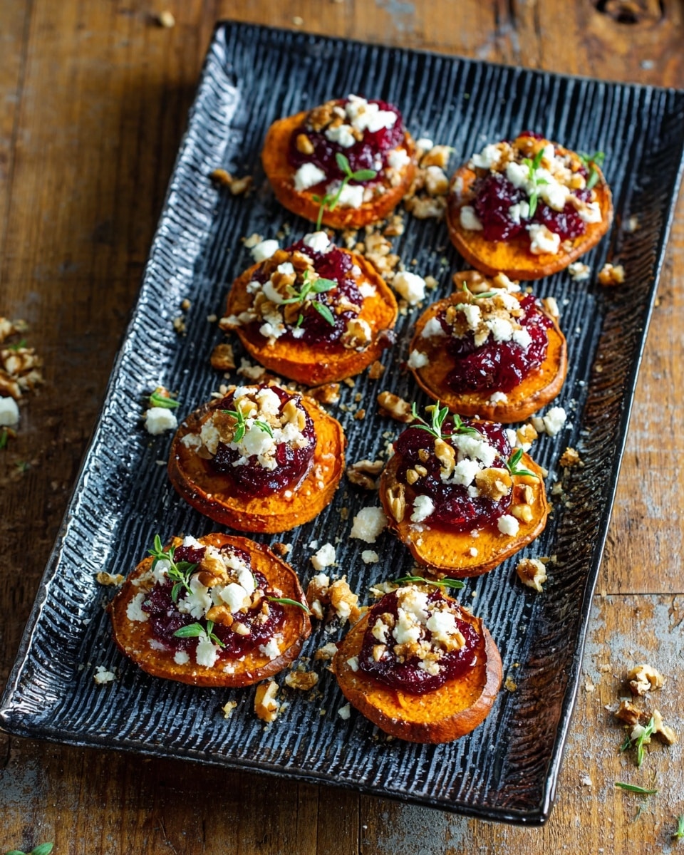 The image shows multiple slices of orange roasted sweet potatoes placed on a black textured tray over a wooden surface. Each slice has a bright reddish-purple layer of cranberry sauce spread on top, followed by small white crumbles of goat cheese scattered unevenly. The casserole is finished with a sprinkle of crunchy golden-brown toasted nuts and fresh green herb leaves, likely thyme, adding a touch of color and texture. The overall presentation is rustic and vibrant with warm and inviting colors. Photo taken with an iphone --ar 4:5 --v 7