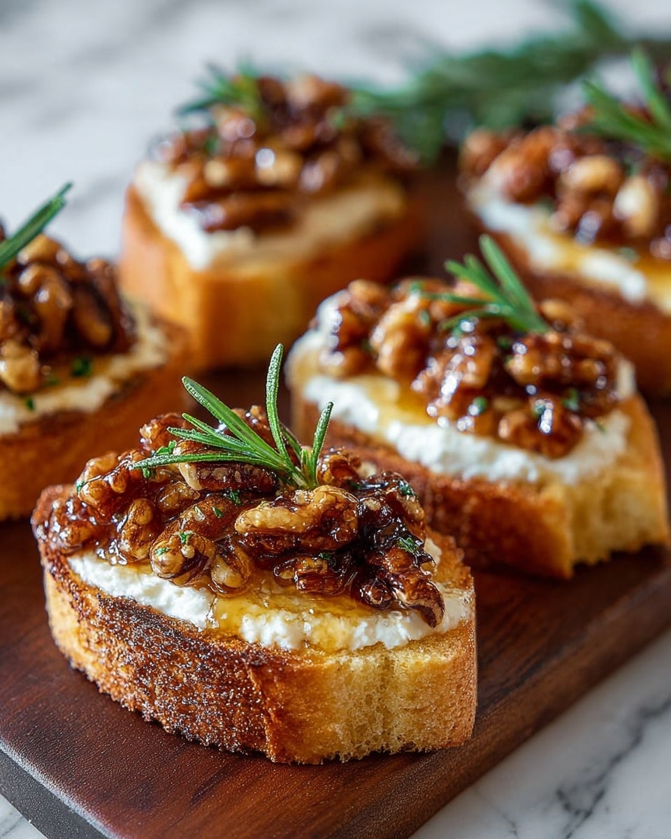 Four slices of toasted bread are placed on a wooden cutting board over a white marbled surface. Each toast has a thick, creamy white cheese spread layer topped with shiny, rich brown candied pecans and green rosemary sprigs. To the side, there is a white bowl filled with golden honey, with a wooden honey dipper resting inside. Additional rosemary sprigs and a few pecans are scattered around, creating a fresh and inviting look. photo taken with an iphone --ar 4:5 --v 7