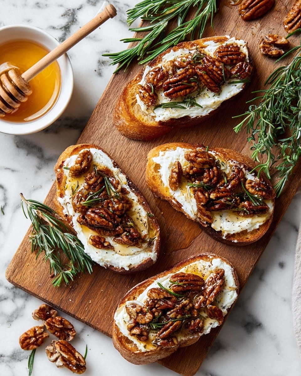 The image shows several pieces of toasted bread with three visible layers on each: the bottom layer is golden-brown toasted bread with a crisp texture, the middle layer is a thick spread of soft white cheese, and the top layer consists of glossy caramelized nuts, mostly walnuts, with a sticky honey glaze that reflects light. Each piece is garnished with a small fresh green rosemary sprig. The toasts are placed close together on a dark wooden board which contrasts with the white marbled texture background. Photo taken with an iphone --ar 4:5 --v 7