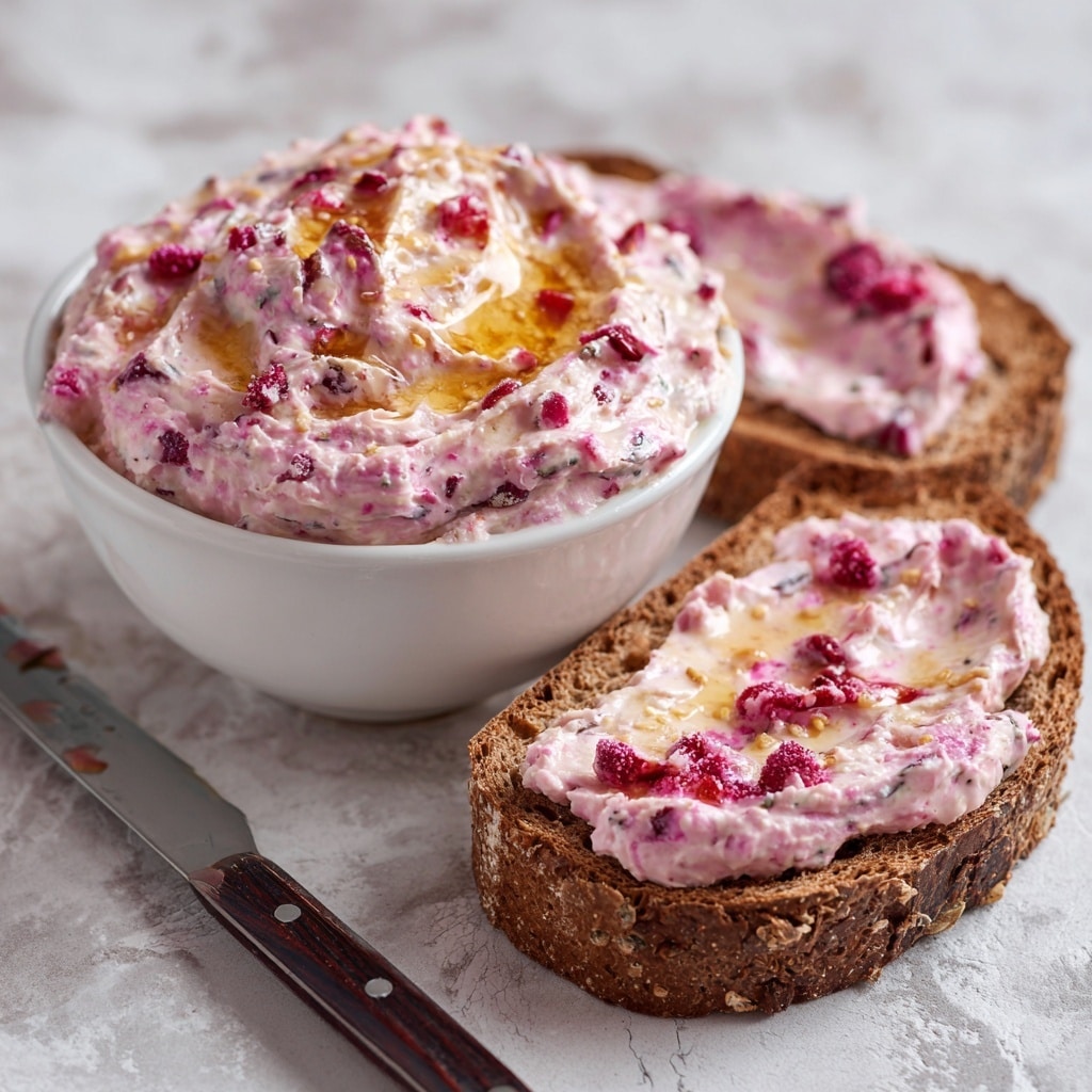 The image shows a small white bowl filled with a pink, creamy mixture that has visible pieces of red cranberries and a drizzle of golden honey on top, giving it a slightly textured look. The bowl is placed on a wooden surface with scattered whole cranberries around it. In the background, there is a white plate stacked with three golden-brown pancakes, slightly out of focus. To the side, there is a clear small jar filled with amber-colored honey and a honey dipper resting nearby, partially coated with honey. The overall setting is cozy and inviting with a rustic feel. photo taken with an iphone --ar 4:5 --v 7