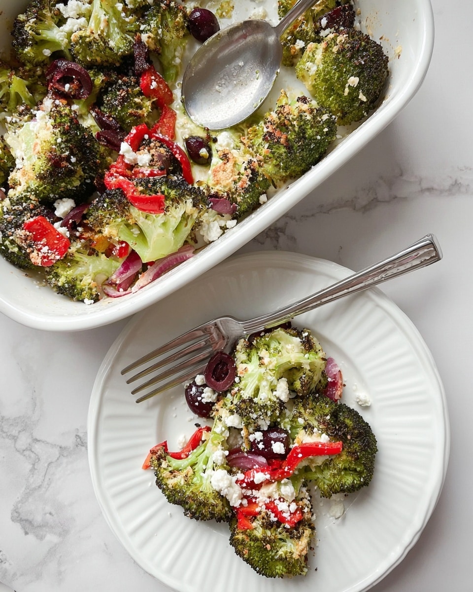 A white baking dish filled with roasted broccoli florets as the main layer, showing a mix of bright green and lightly charred edges, scattered with small pieces of red roasted bell pepper and dark olives throughout. The top layer is covered with a golden-brown, crispy, and crumbly cheese or breadcrumb topping, unevenly spread over the vegetables. The dish sits on a white marbled surface, and the overall look is fresh with a mix of textures from crunchy topping to soft roasted veggies. photo taken with an iphone --ar 4:5 --v 7