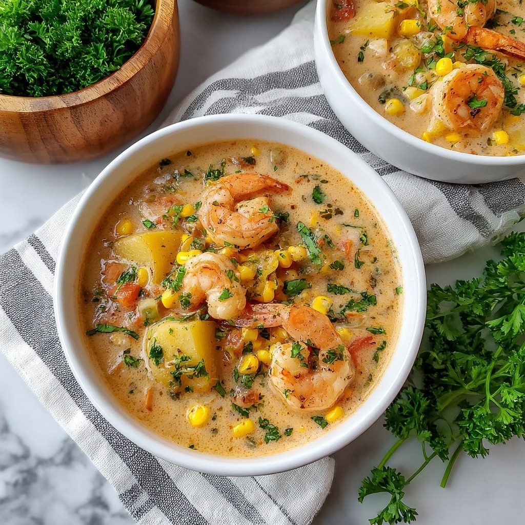 The image shows a white bowl filled with a creamy shrimp chowder that has many layers and colors. The base layer is a thick, light orange cream soup with small specks of herbs in it. On top of this, there are medium-sized white shrimp with a touch of light pink and slight browning. Mixed in are chunks of pale yellow potato and bright yellow corn kernels. Small pieces of crispy red bacon bits are scattered over the soup, along with finely chopped green herbs and bits of orange carrot. Around the bowl, a white and gray striped cloth is placed on a white marbled surface, with a wooden bowl of fresh green parsley leaves nearby. Another bowl of the same chowder is in the upper right, partially shown. Photo taken with an iphone --ar 4:5 --v 7