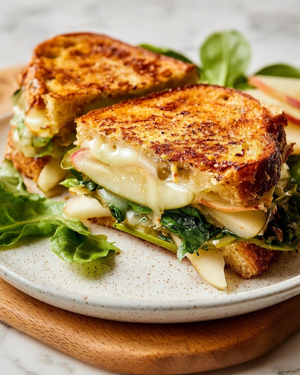 The image shows a close-up of a toasted sandwich cut in half, placed on a white plate with small brown speckles. The sandwich has three main visible layers inside: a bottom layer of melted pale yellow cheese that looks gooey and soft, a middle layer of fresh green arugula and sliced green jalapeños, and a top layer of thin, pale green apple slices. The sandwich bread is thick, toasted golden brown with a slightly crispy texture on the outside. The background is a white marbled surface. Photo taken with an iphone --ar 4:5 --v 7