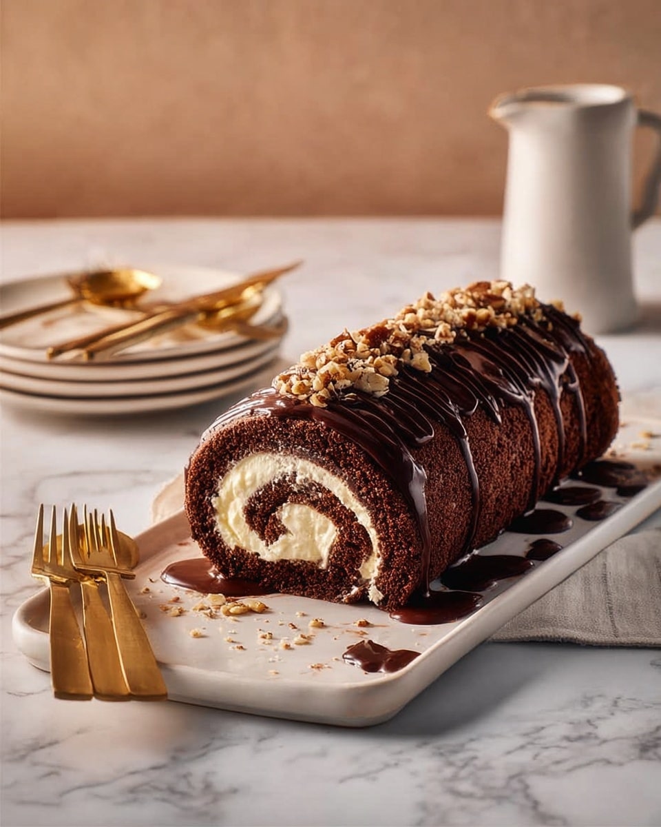 A chocolate roll cake sits on a white rectangular plate placed on a white marbled surface. The dessert has three visible layers: the outer layer is a dark chocolate sponge with a textured surface, decorated on top with chopped nuts and a drizzle of shiny chocolate sauce. Inside, a thick, creamy white filling spirals through the roll, creating a clear contrast against the dark cake. Nearby, a white ceramic pitcher and stacked white plates with gold forks and a gold knife add elegance to the scene. The photo is warm-lit, highlighting the rich colors and textures of the cake. Photo taken with an iphone --ar 4:5 --v 7