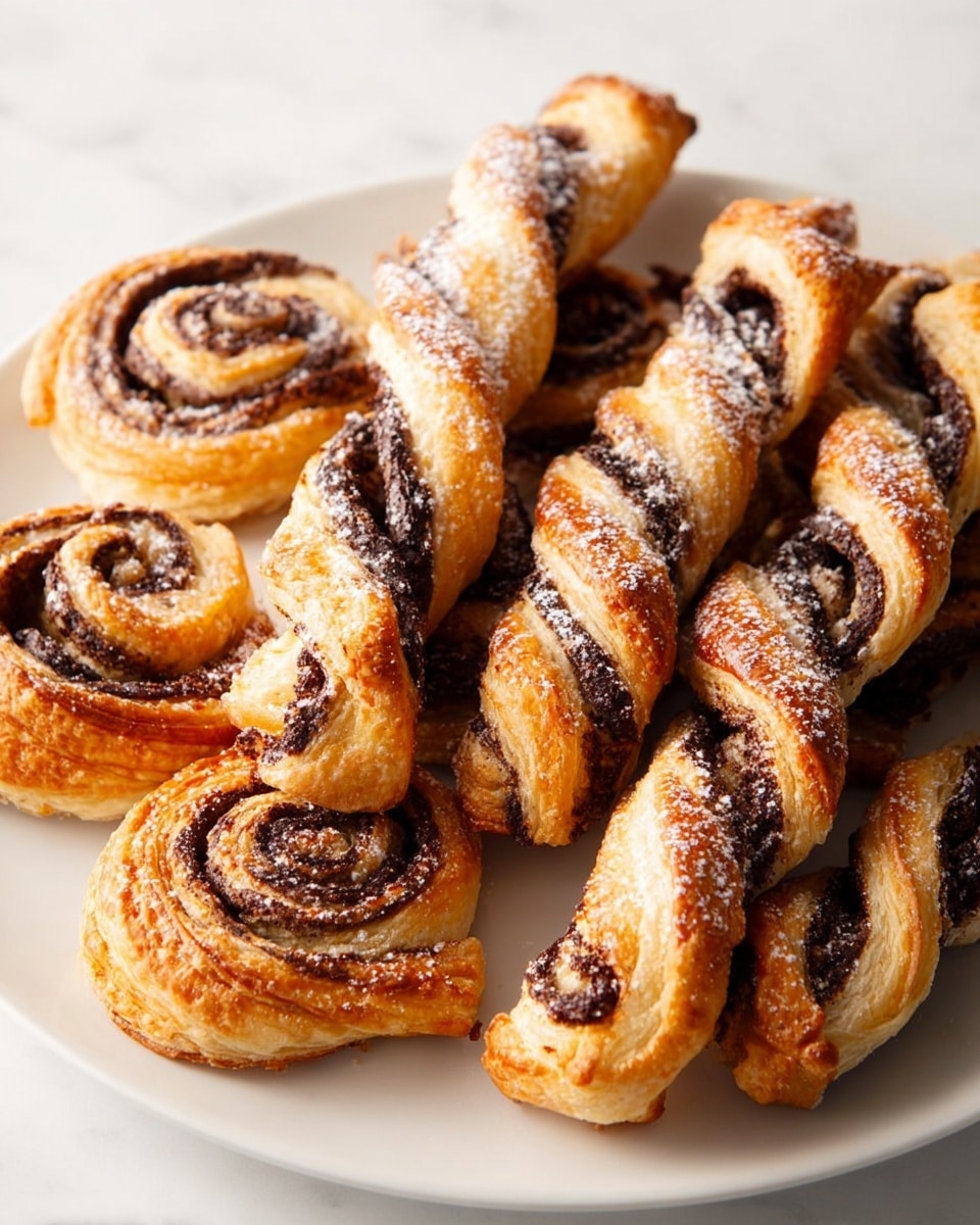 A close-up of a single cinnamon roll with multiple layers visible, showing golden-brown, flaky outer layers with a slightly crispy texture, inside layers swirl with dark brown cinnamon filling mixed with some lighter dough; the roll is dusted with white powdered sugar, with parts of the flaky crust slightly broken off. The background is a white marbled texture with scattered powdered sugar around. Photo taken with an iphone --ar 4:5 --v 7