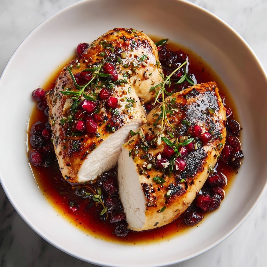 The image shows a white bowl containing two cooked chicken breasts with a golden-brown, slightly charred surface, sliced partially on the right breast to reveal tender white meat inside. The top of the chicken is covered with small red berries and green herb sprinkles, some berries spread around the chicken in a dark red sauce pooling at the bottom. The bowl sits on a white marbled surface. Photo taken with an iphone --ar 4:5 --v 7