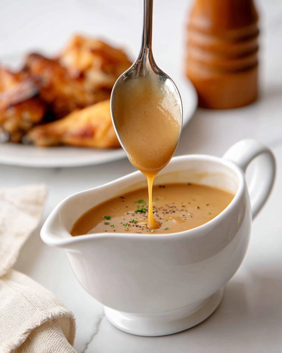 A white gravy boat filled with smooth, light brown gravy, with a silver ladle lifting some gravy above, showing its fluid texture flowing back into the boat; small bits of herbs and black pepper float on top of the gravy. In the background, a white plate holds golden-brown roasted chicken wings, slightly out of focus. The scene is set on a white marbled surface with a folded, light-colored cloth napkin nearby and a wooden pepper grinder blurred in the background. photo taken with an iphone --ar 4:5 --v 7