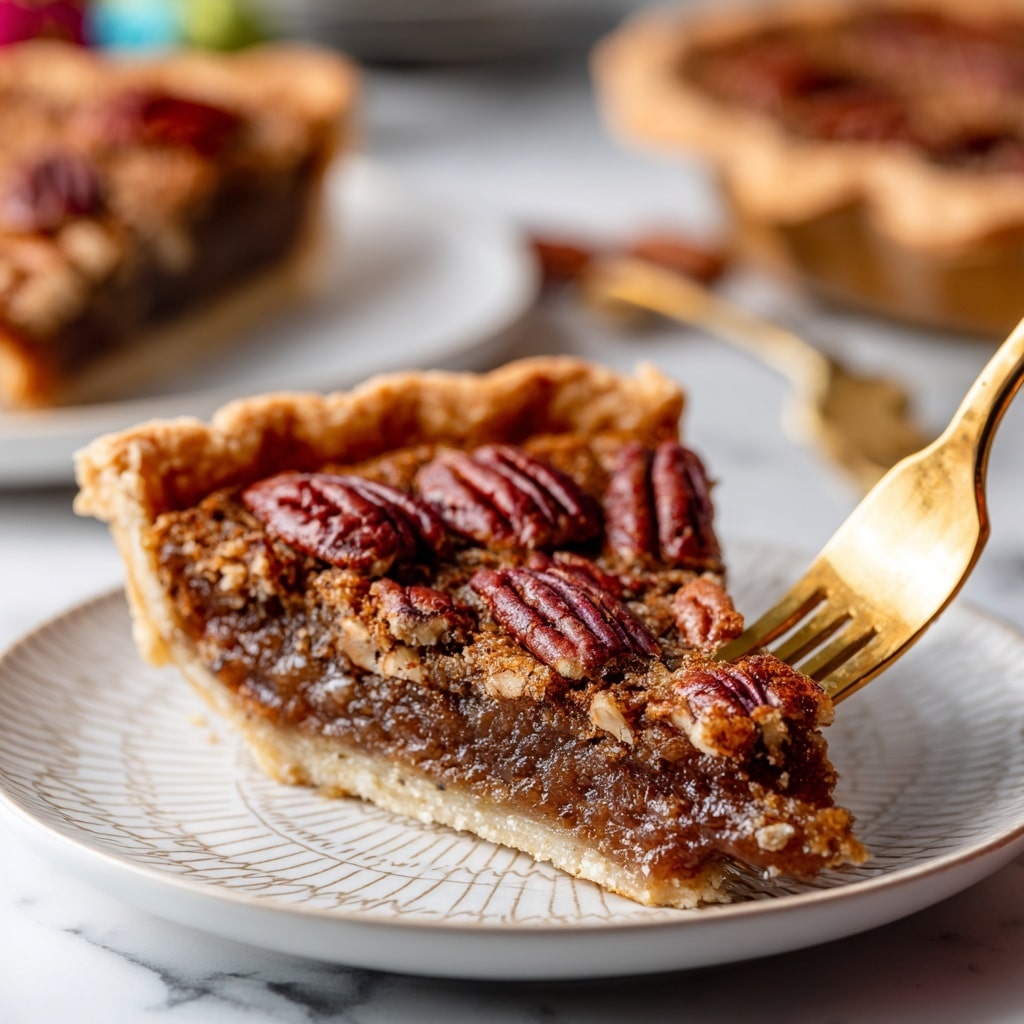 A slice of pecan pie sits on a white plate with a subtle diamond pattern along the rim, showing three clear layers: a thin, light golden-brown crust at the bottom, a thick, dark brown filling with a slightly glossy and dense texture in the middle, and a topping of whole and halved pecans in rich reddish-brown tones layered unevenly on top. A gold fork is gently pressing into the pecan layer from the top right, while in the background, a blurred whole pecan pie and some colorful food items rest on a white marbled surface. The image is bright and warm. photo taken with an iphone --ar 4:5 --v 7