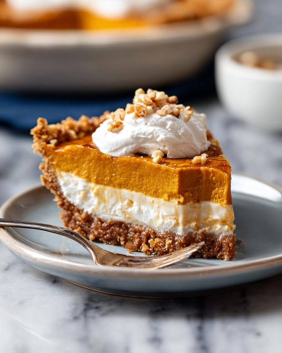 A white pie plate holds a pie with three layers: the bottom layer is a light crumbly crust, the middle layer is thick, smooth, and white, while the top layer is a creamy, orange pumpkin filling with swirled patterns. One slice is cut out and lifted slightly on a pie server, showing clean edges between the layers. The slice on the plate has a dollop of white whipped cream topped with small pecan pieces. Nearby, a white bowl with more whipped cream and a spoon inside sits on a white marbled surface, along with a wooden board scattered with chopped pecans and a knife. Photo taken with an iphone --ar 4:5 --v 7