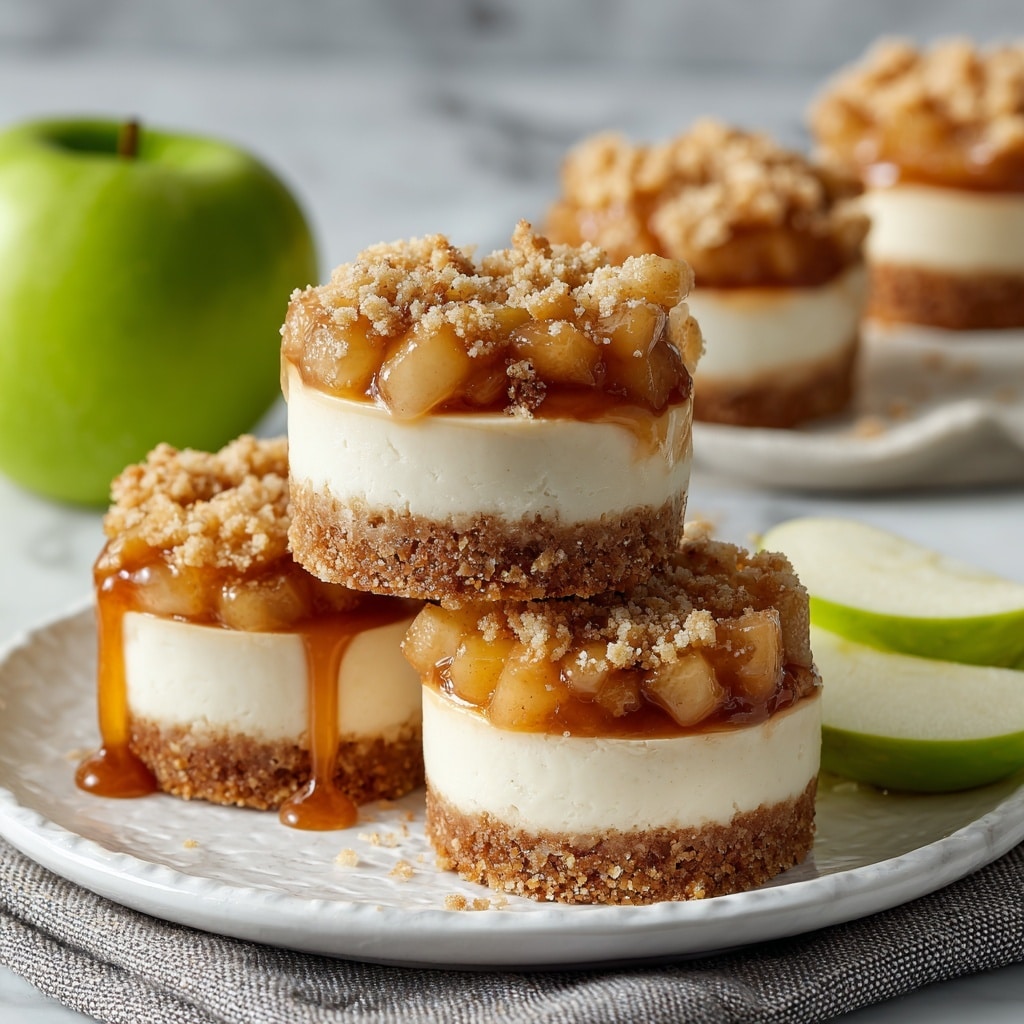 The image shows two stacked mini cheesecakes with four distinct layers each. The bottom layer is a light brown crumbly crust with a rough texture. Above it is a smooth, creamy off-white cheesecake layer, followed by a chunky layer of cooked apple pieces coated in a shiny amber caramel sauce. The top layer is a crumbly streusel with a pale beige color. In the background, more mini cheesecakes are visible, and a green apple along with a green apple slice lies on a white marbled surface. The desserts rest on a white plate with a textured edge and a grey cloth is partially visible. Photo taken with an iphone --ar 4:5 --v 7