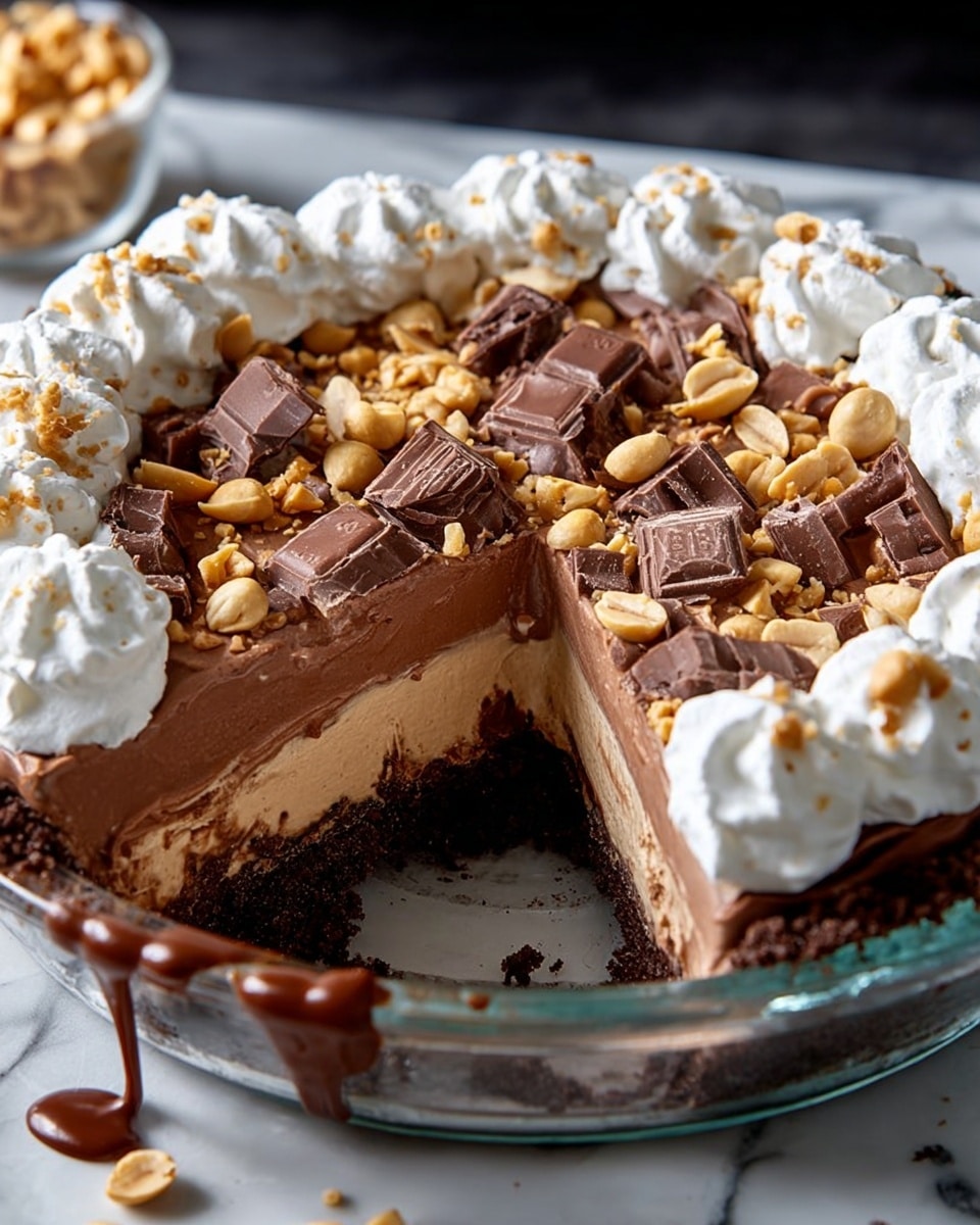 A slice of layered pie sits on a white plate on a white marbled surface. The bottom layer is a thick, crumbled dark crust. Above it is a smooth, light brown filling. On top of the filling is a thin dark chocolate layer, covered with chopped nuts. The pie is decorated with three large swirls of white whipped cream around the edges, sprinkled with small chocolate shavings. A fork with a wooden handle rests on the plate beside the pie slice. Photo taken with an iphone --ar 4:5 --v 7