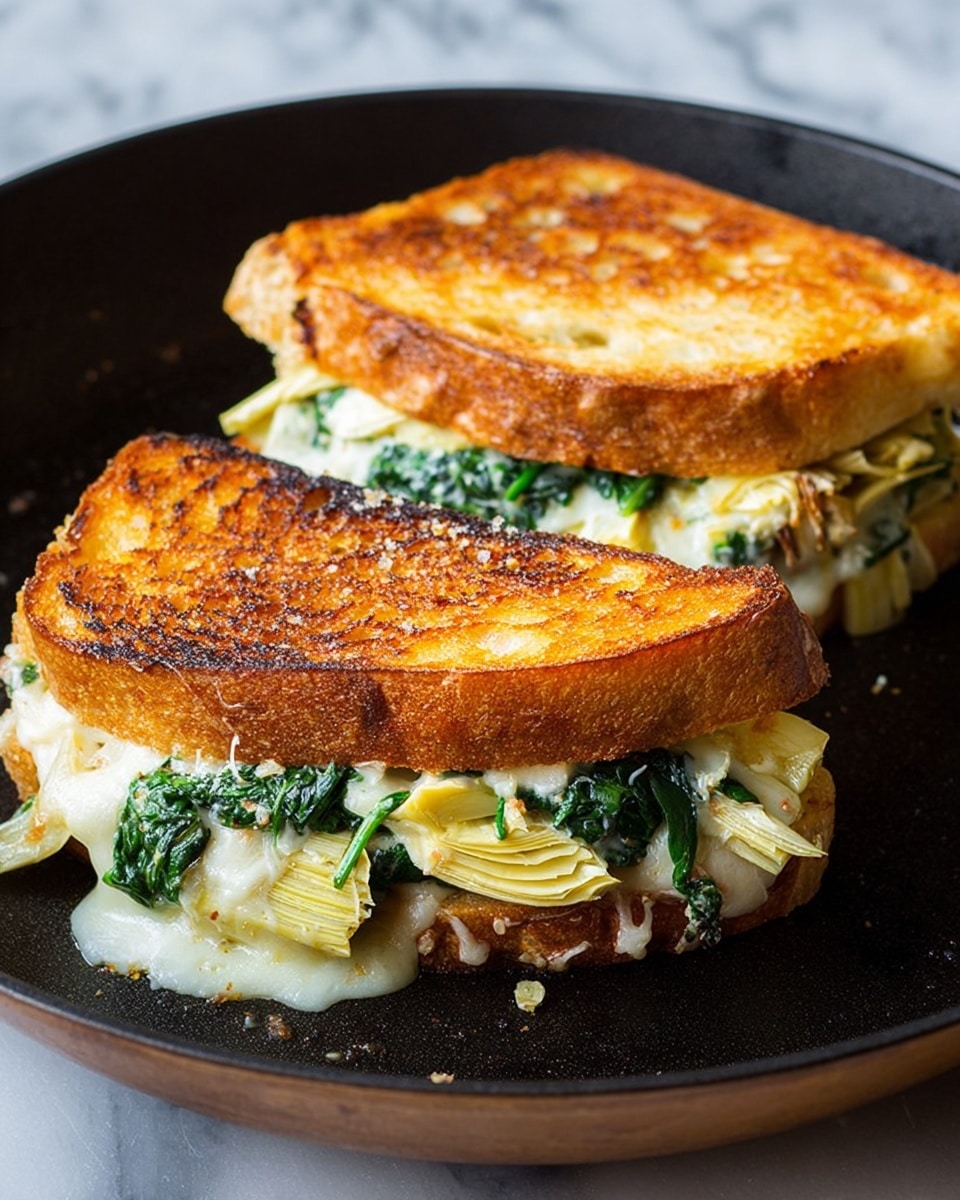 Two grilled sandwiches sit side by side in a black pan on a white marbled surface, each made with two thick slices of golden brown toasted bread with a crispy texture. Between the bread layers, there are visible layers of soft melted white cheese, dark green leafy spinach, and pale yellow artichoke hearts with a smooth, slightly fibrous texture. The cheese is oozing slightly from the sides, blending the filling with the toasted bread. The sandwiches have a rustic, homemade look with varied browning and some uneven edges. photo taken with an iphone --ar 4:5 --v 7