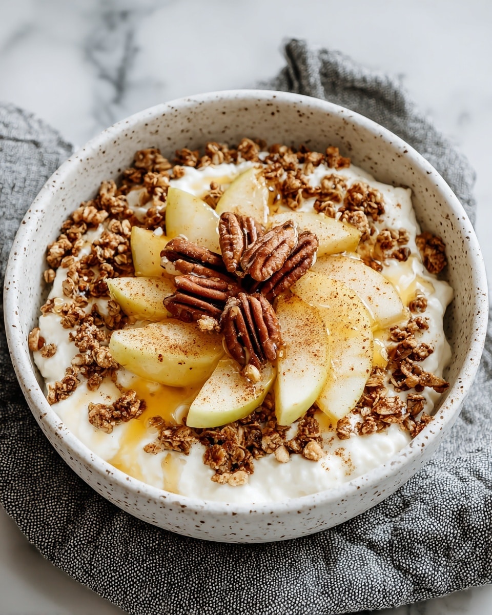 A white speckled bowl filled with three visible layers: the bottom layer is creamy white cottage cheese with a soft, lumpy texture, the middle layer shows small clusters of brown granola scattered on top, and the top layer is made of light yellowish pear chunks arranged around a few whole pecans in the center, all drizzled with golden honey and lightly dusted with brown cinnamon powder. The bowl rests on a gray textured cloth over a white marbled surface. photo taken with an iphone --ar 4:5 --v 7