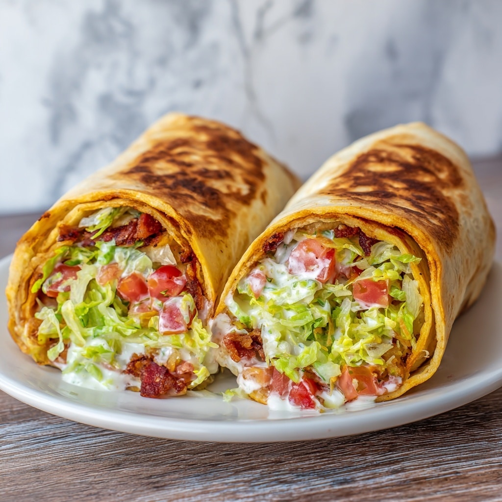 Two halves of a wrap sit side by side on a white plate, placed on a wooden surface with a white marbled texture in the background. Each wrap has a golden-brown toasted outer layer with a slight crisp. Inside, the visible layers from top to bottom include bright green shredded lettuce, small chunks of red tomato, creamy white sauce, and crispy bacon pieces with a mix of reddish and brown tones. The wrap’s texture looks soft but toasted on the outside, tightly holding the fresh, textured fillings within. Photo taken with an iphone --ar 4:5 --v 7